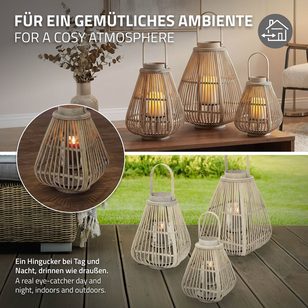 Three bamboo lanterns with candles in a cozy setting.