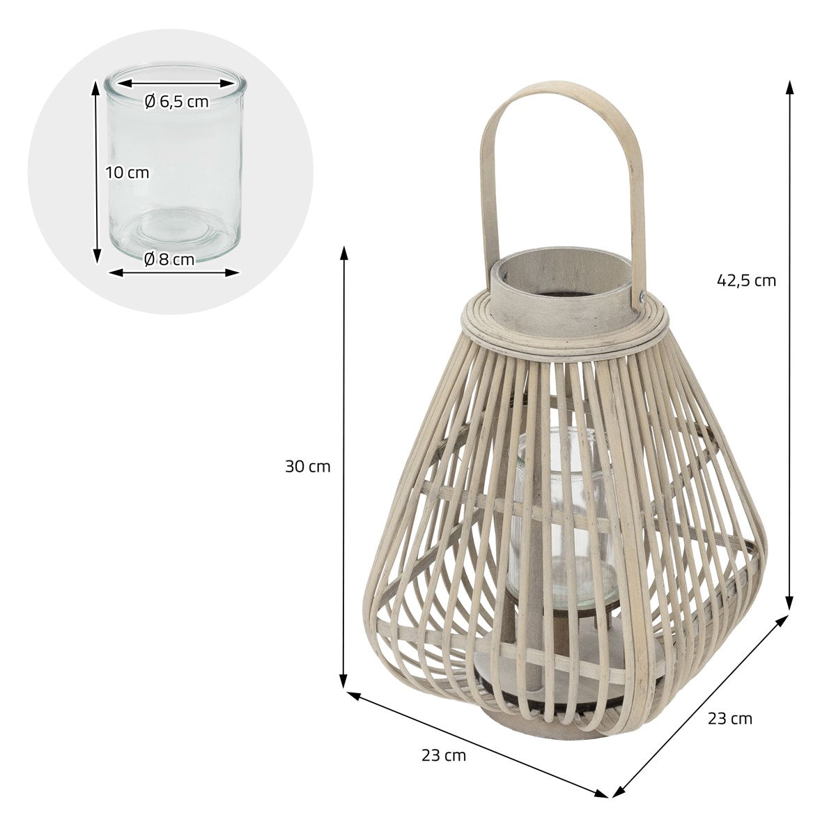 Wooden lantern with a glass container, height 42.5 cm, diameter 23 cm.