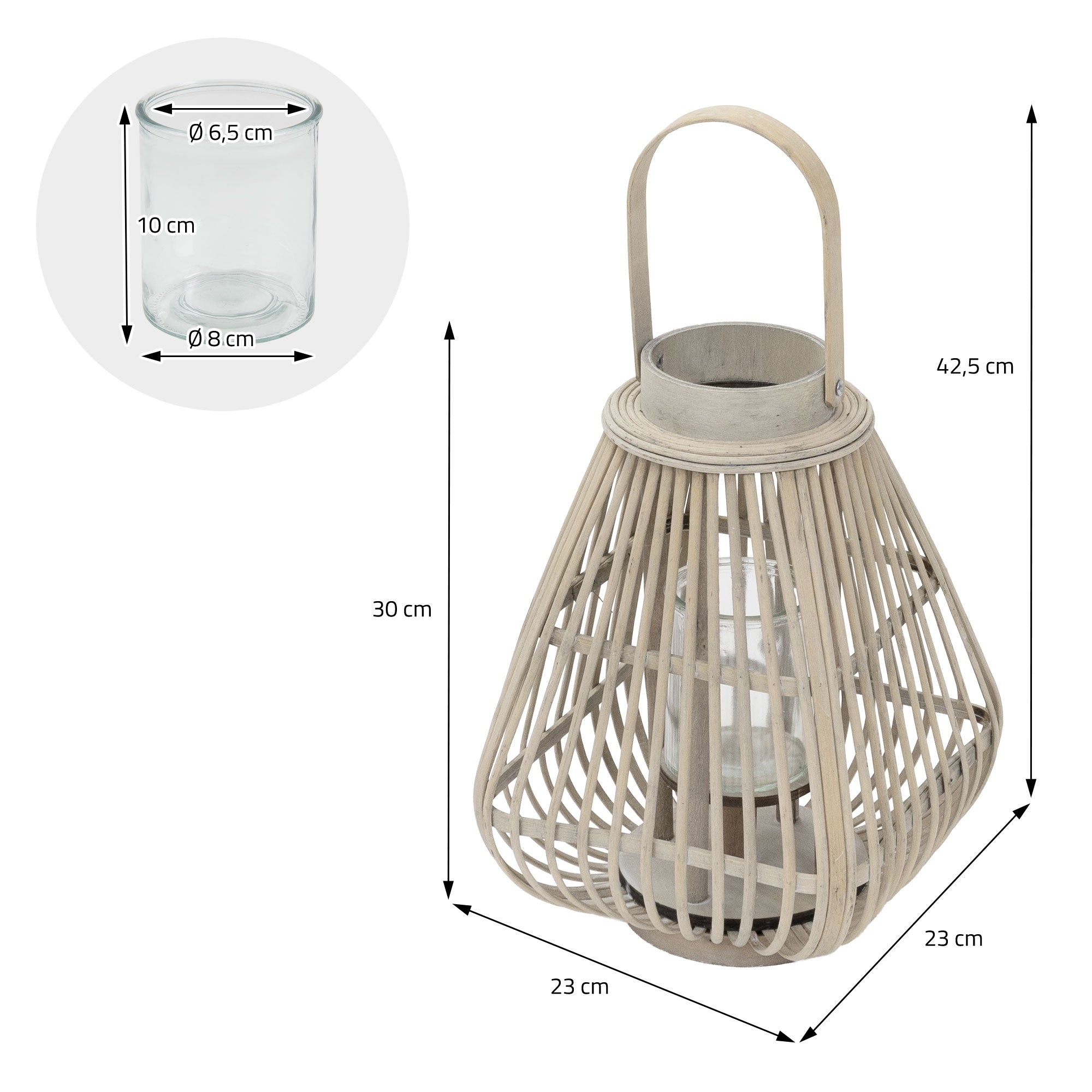 Wooden lantern with glass container, height 42.5 cm, diameter 23 cm.