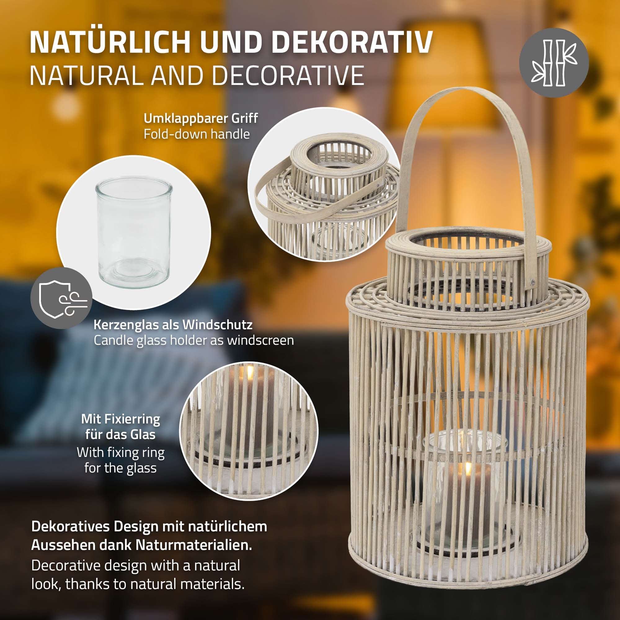 Dekorative Laterne mit Glas und klappbarem Griff auf einem Holzuntergrund.