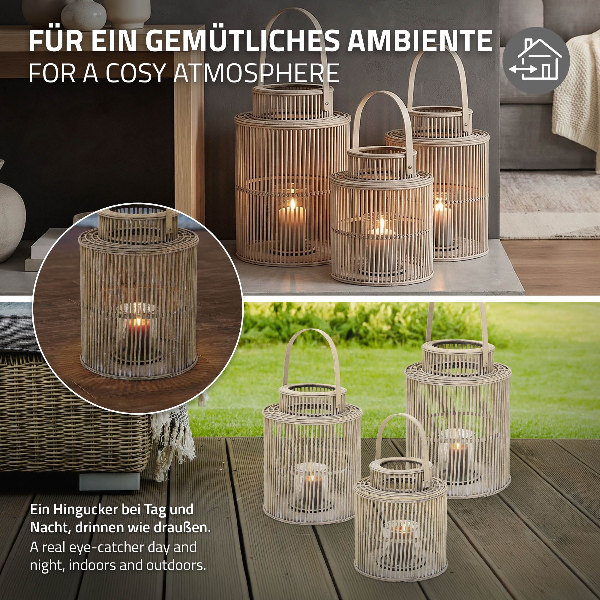 Mehrere Bambuslaternen in einem gemütlichen Ambiente, drinnen und draußen.