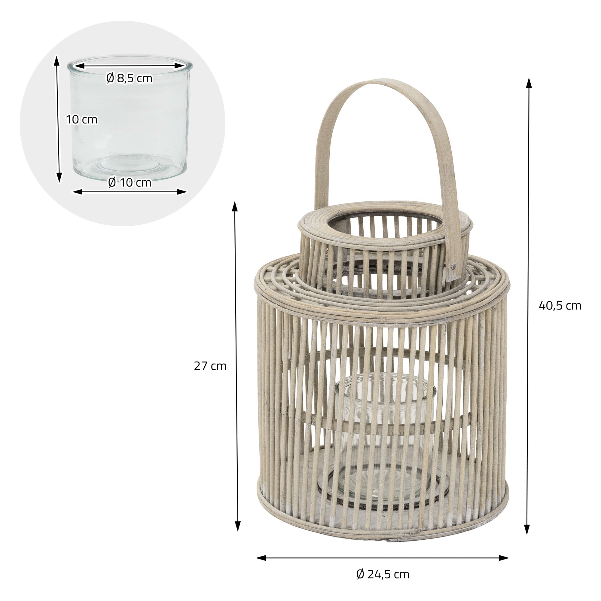Measurement drawing of a lantern with diameter and height in centimeters.