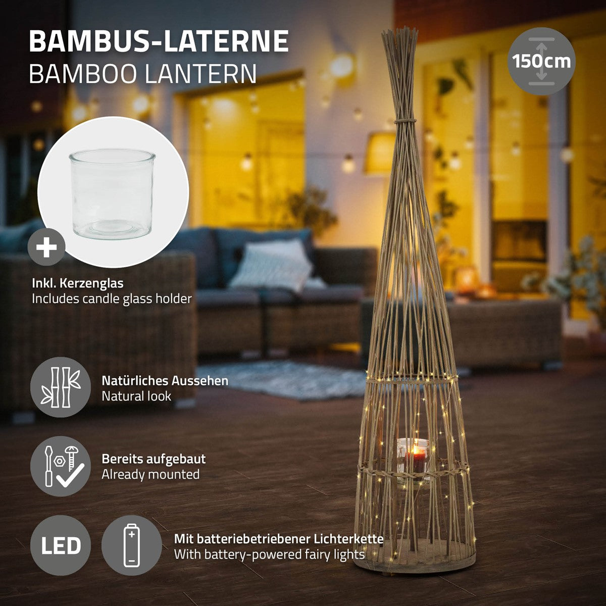 Bambusowy lampion ze szklanym świecznikiem i łańcuchem świetlnym, wysokość 150 cm.