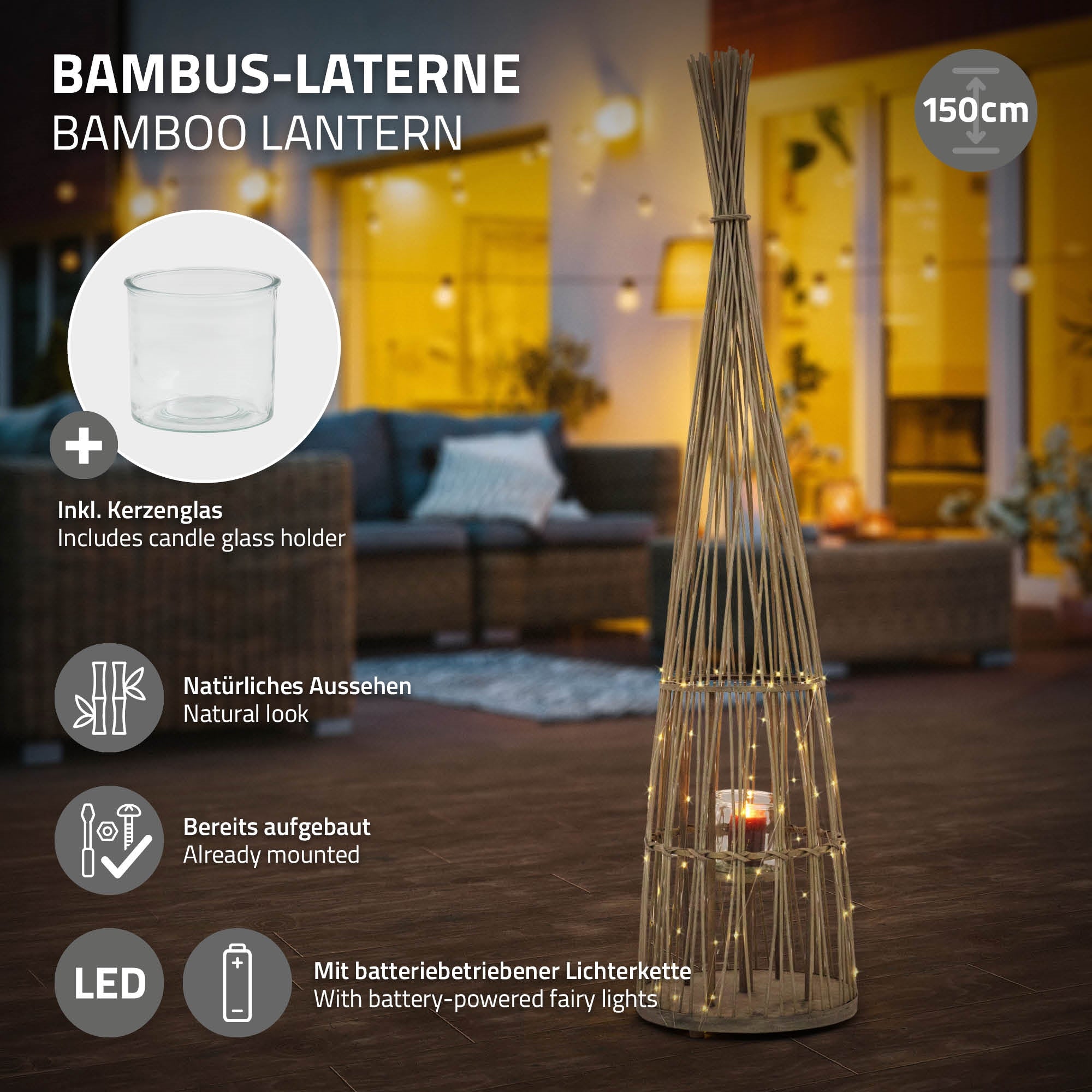 Bambus-Laterne mit Kerzenglas und Lichterkette, Höhe 150 cm.