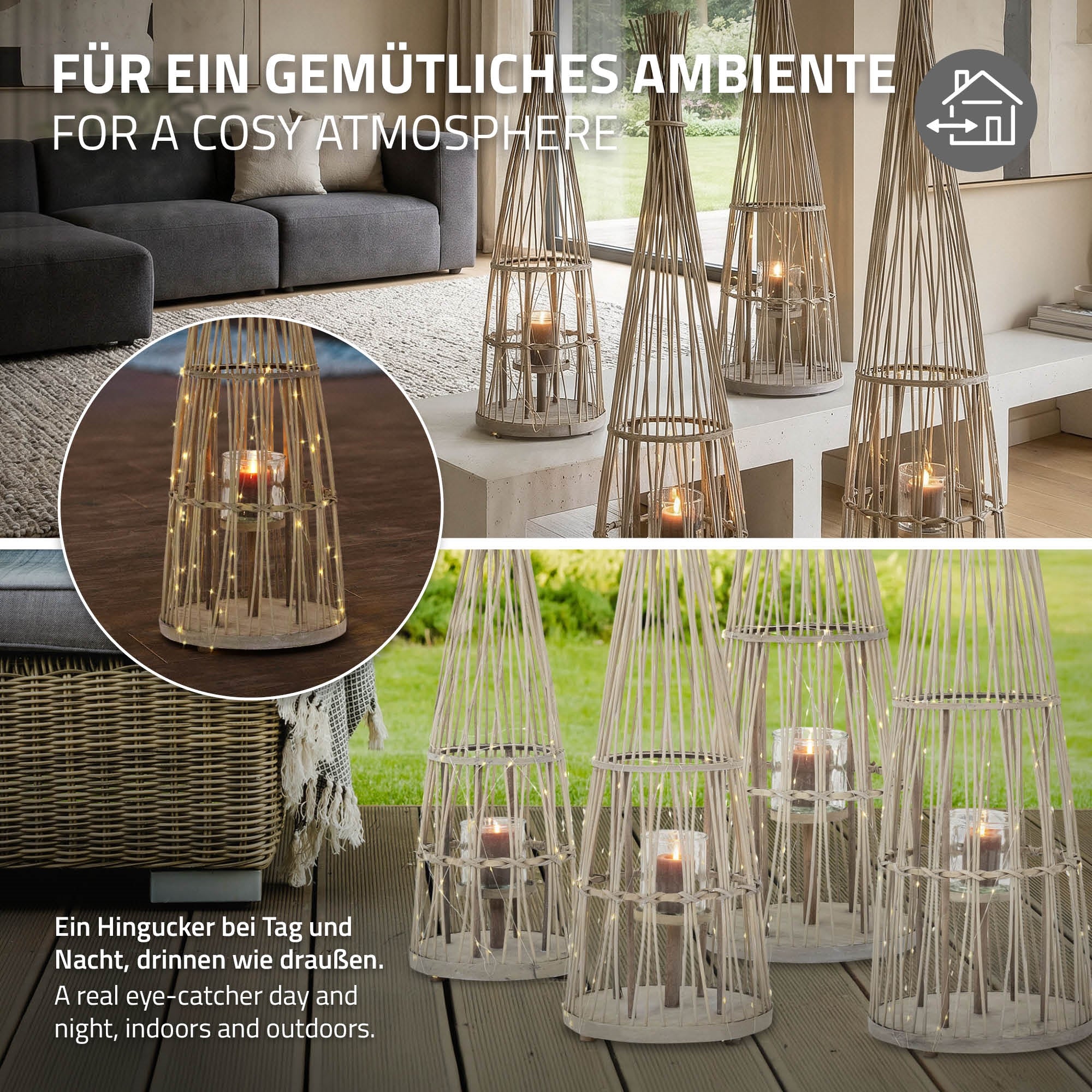 Mehrere Rattan-Kerzenhalter in einem gemütlichen Ambiente.