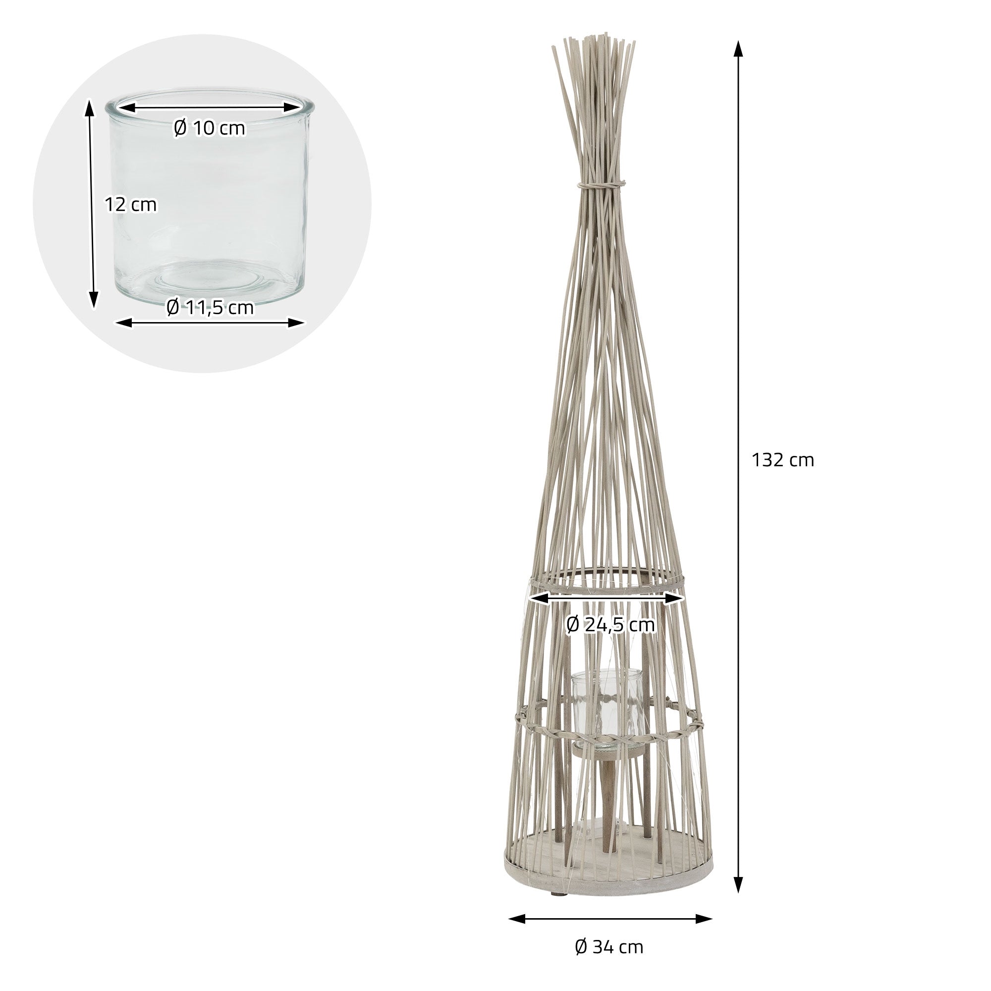 Maßzeichnung eines Rattan-Kerzenhalters mit Glasbehälter und Durchmessern.