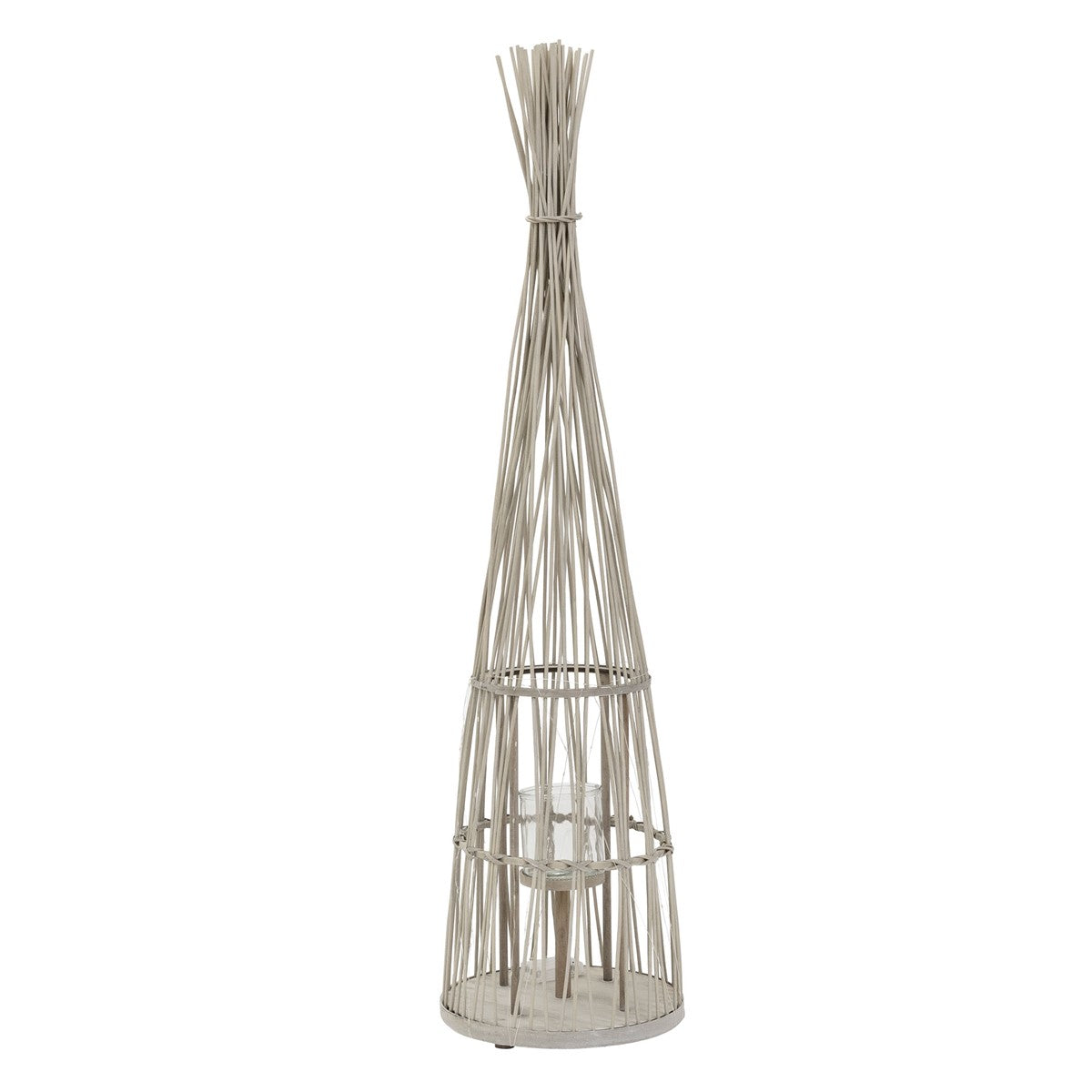 Bamboo lantern with a glass candle holder, natural look, on a white table.