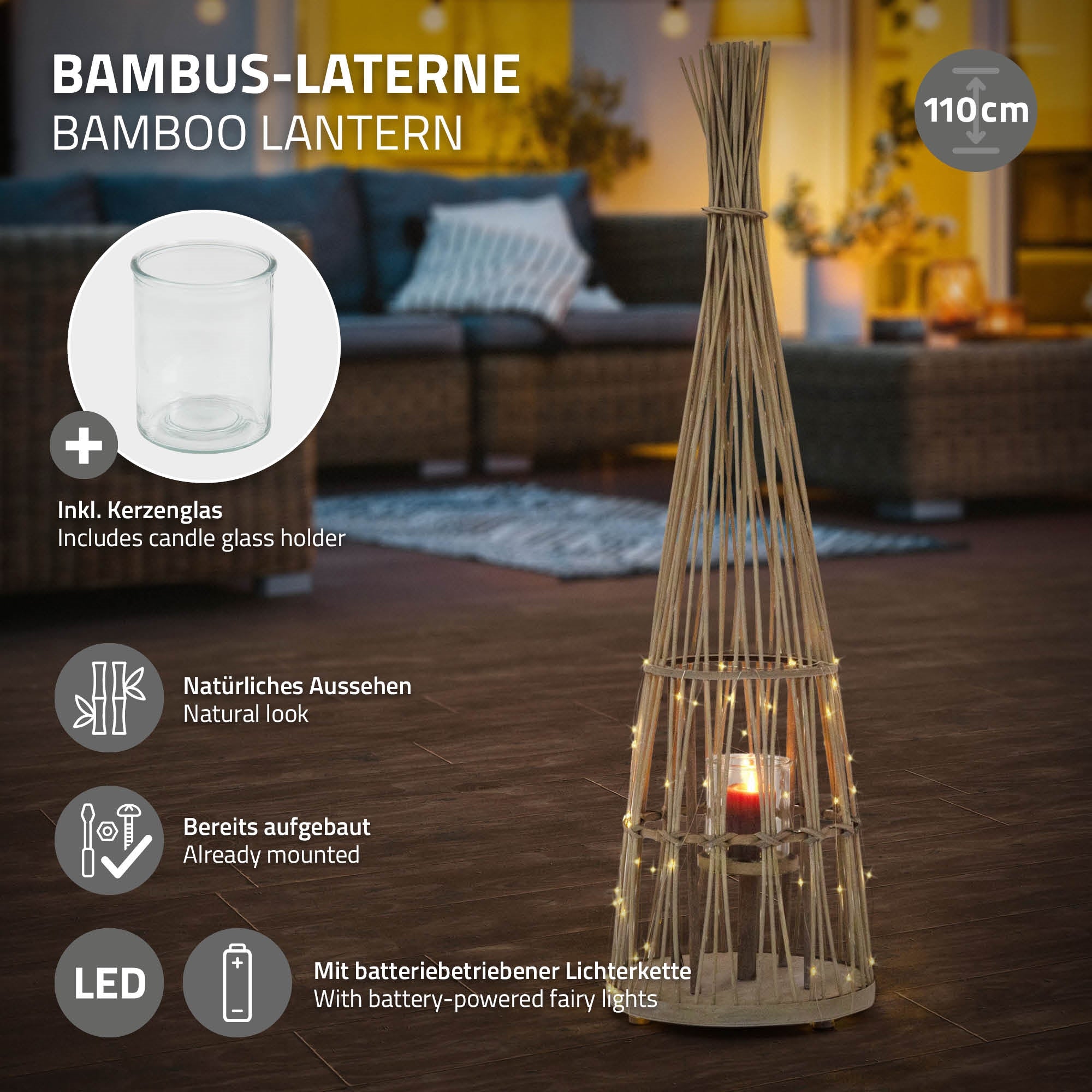 Eine hohe Laterne aus Bambus mit LED-Lichtern und Kerzenhalter.