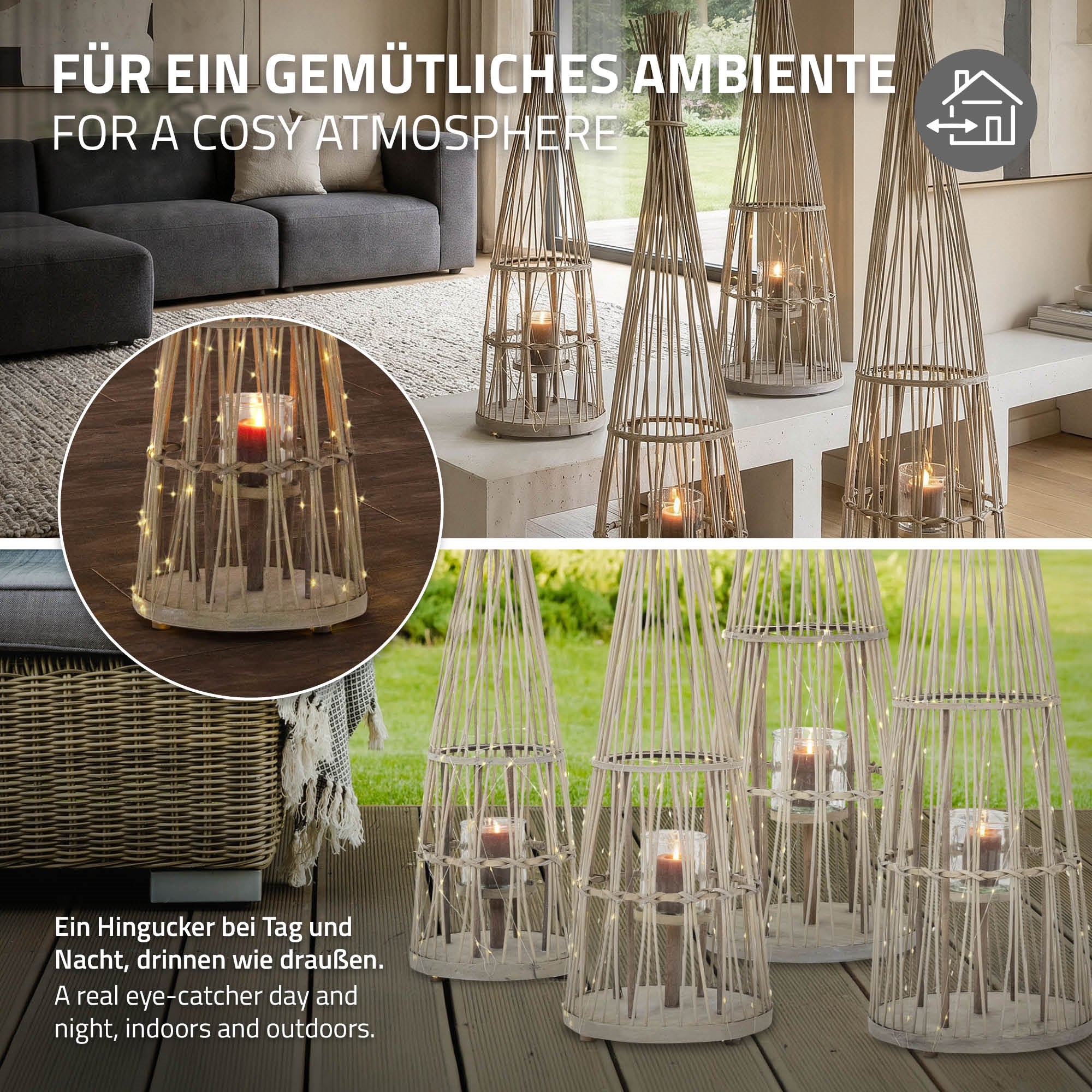 Dekorative Laternen mit Kerzen, auf einer Terrasse, umgeben von einem gemütlichen Ambiente.