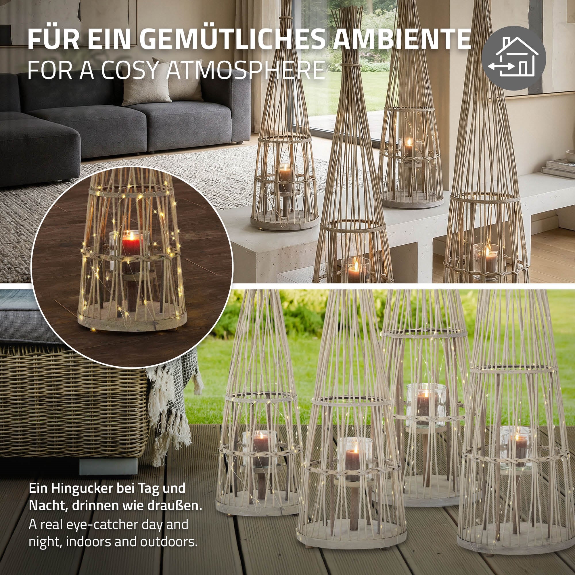 Drei dekorative Laternen mit Kerzen auf einem Tisch im Freien.