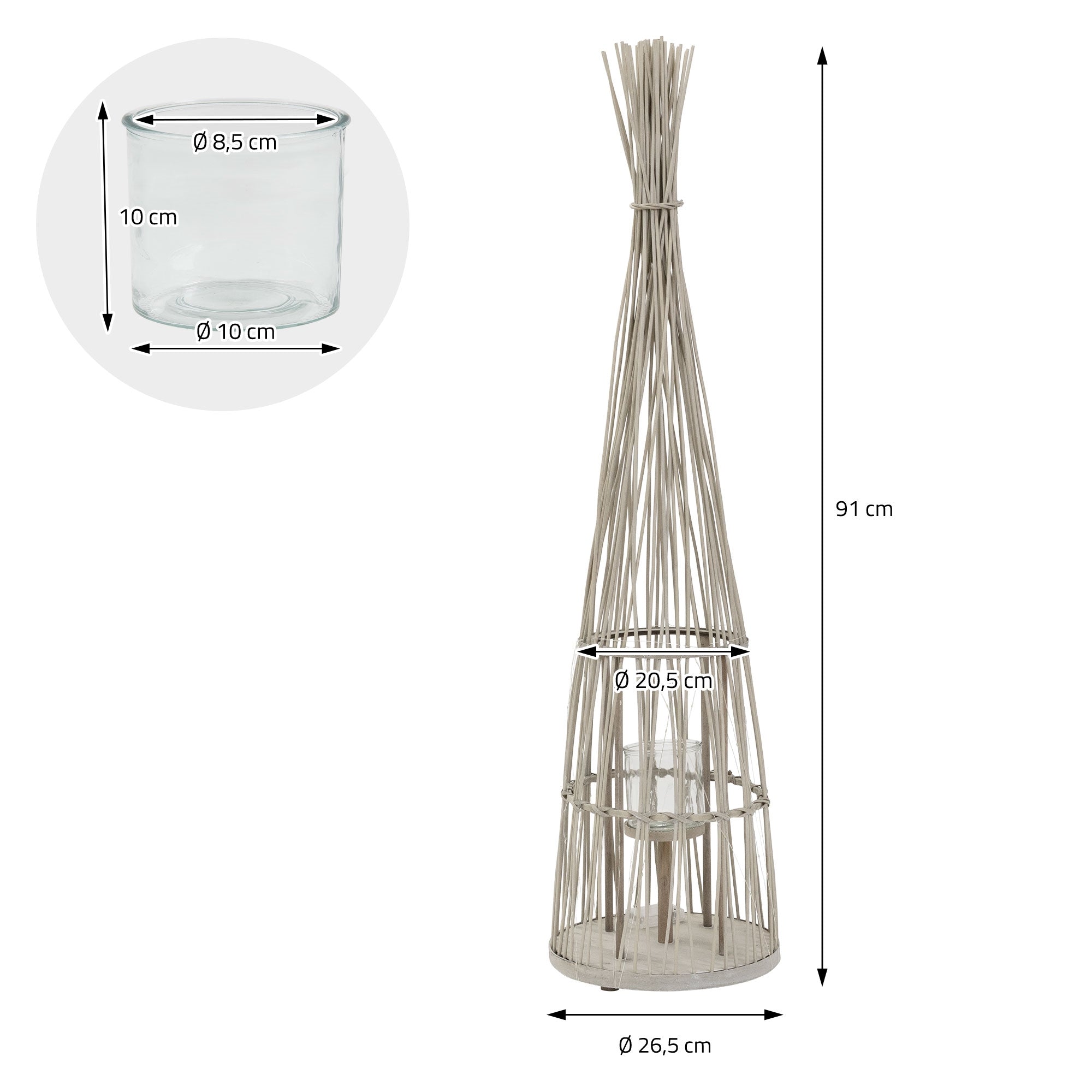 Dekorative Stehlampe aus geflochtenem Material mit Maßangaben.