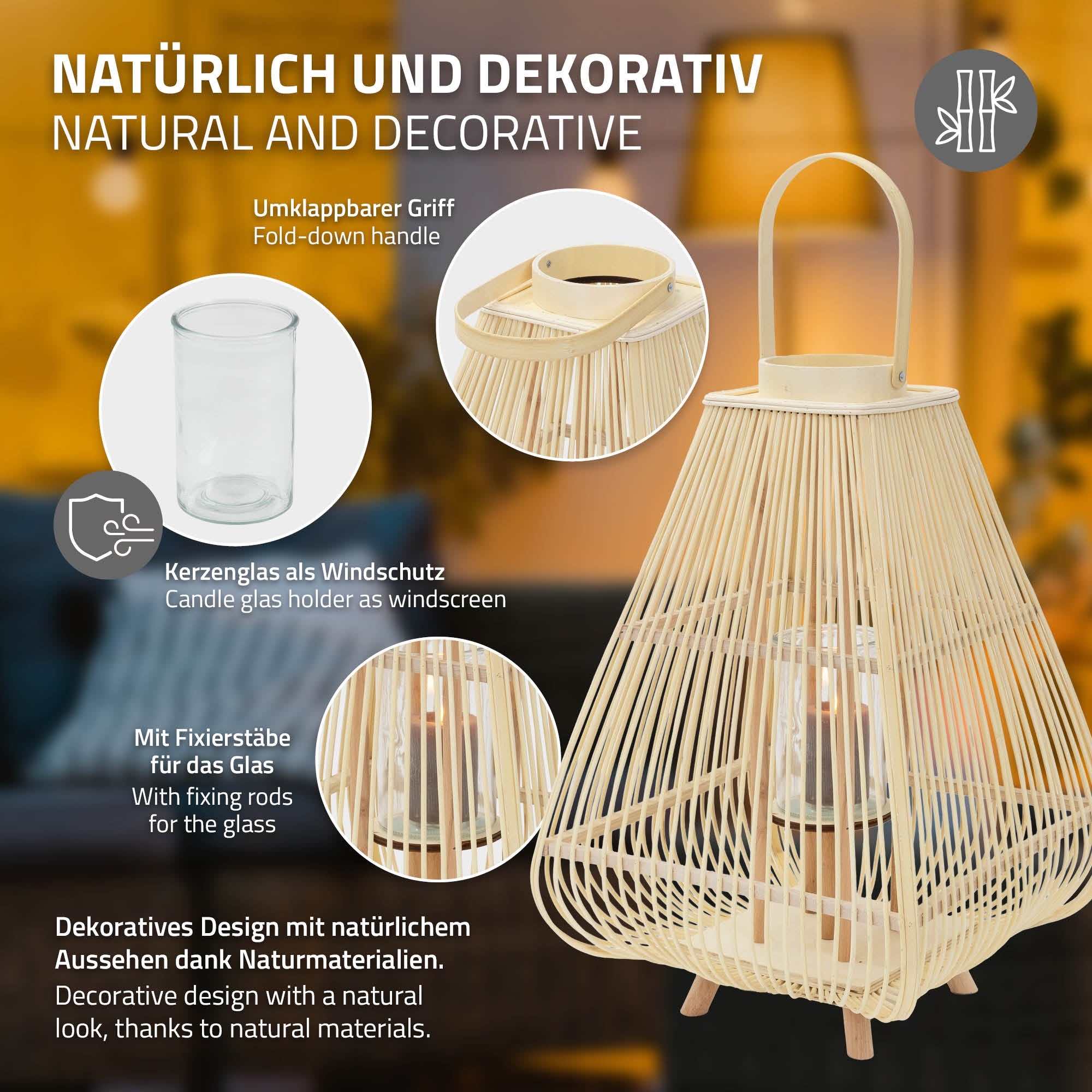 A lantern with a foldable handle and a glass container.