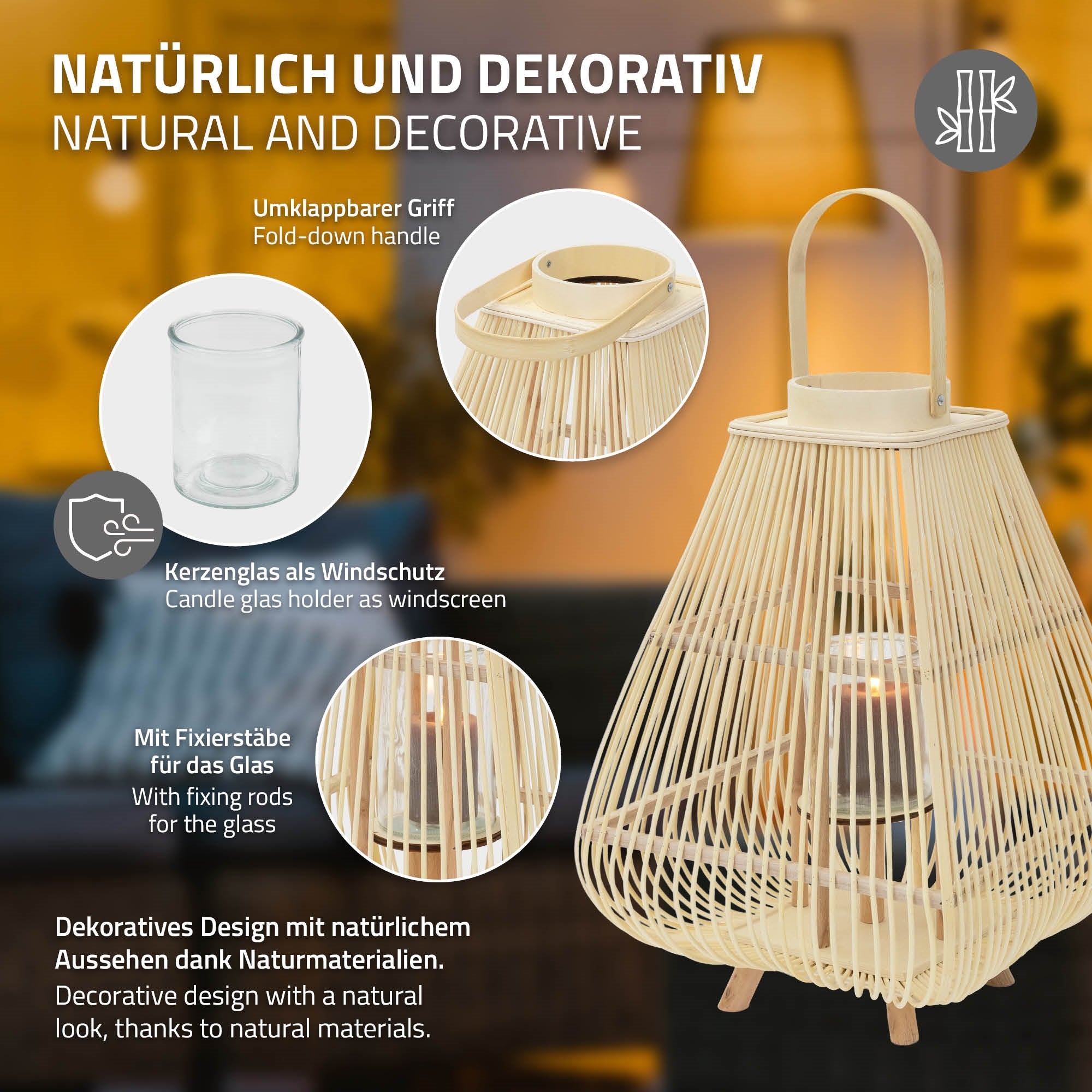 A decorative lantern with a glass and a foldable handle on a table.