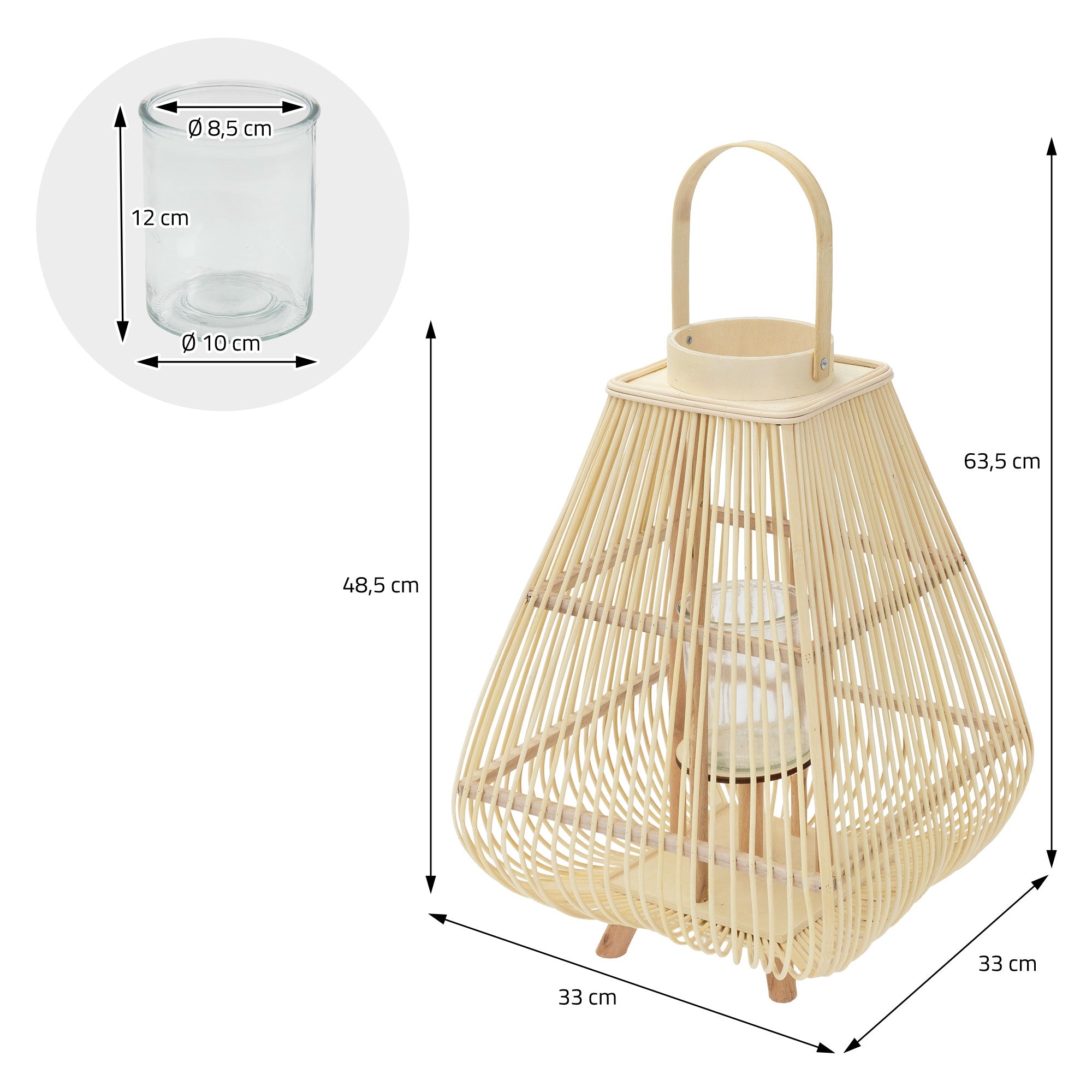 Measurement drawing of a bamboo candle holder with dimensions and glass details.