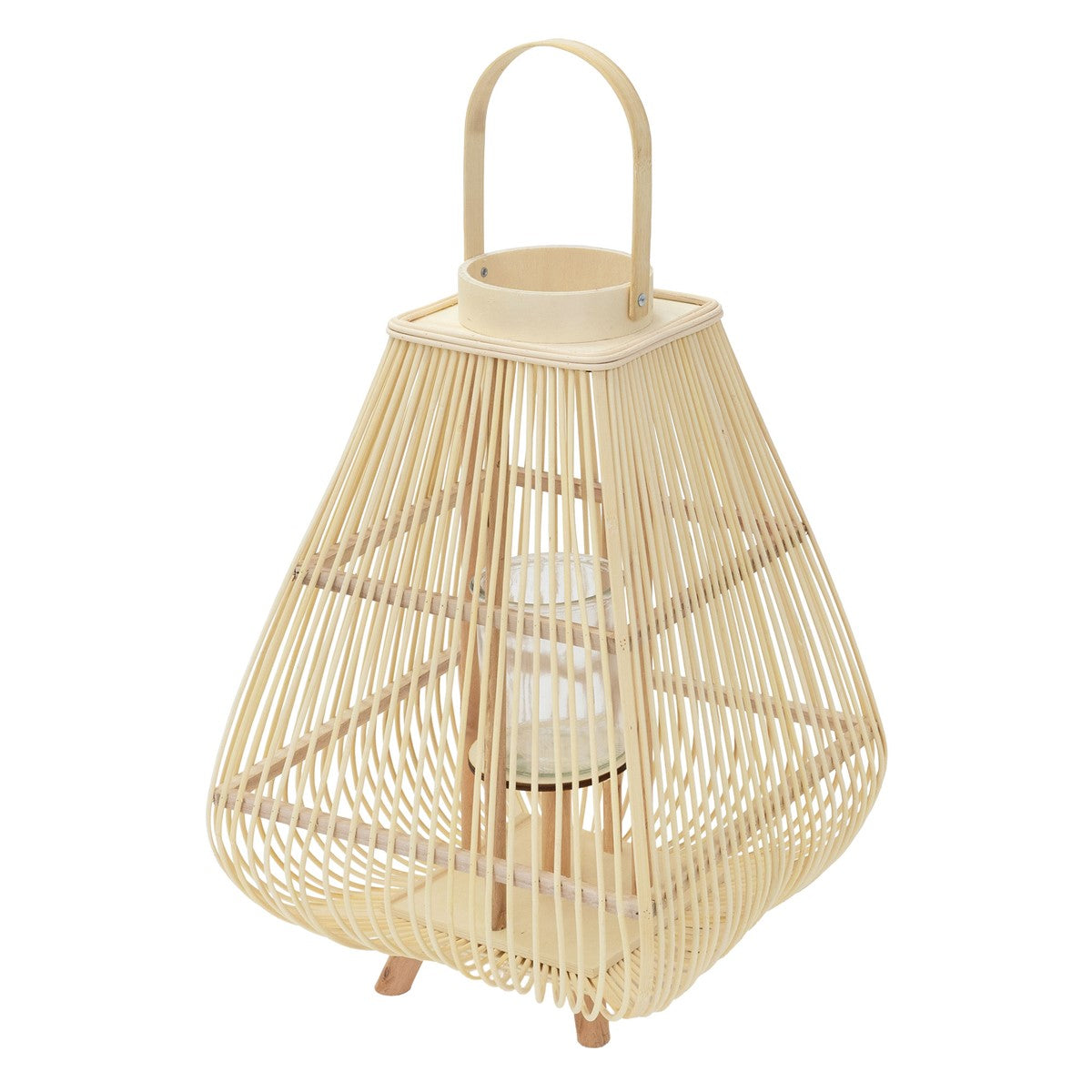 Eine runde Laterne aus Rattan mit einem Glasbehälter in der Mitte.