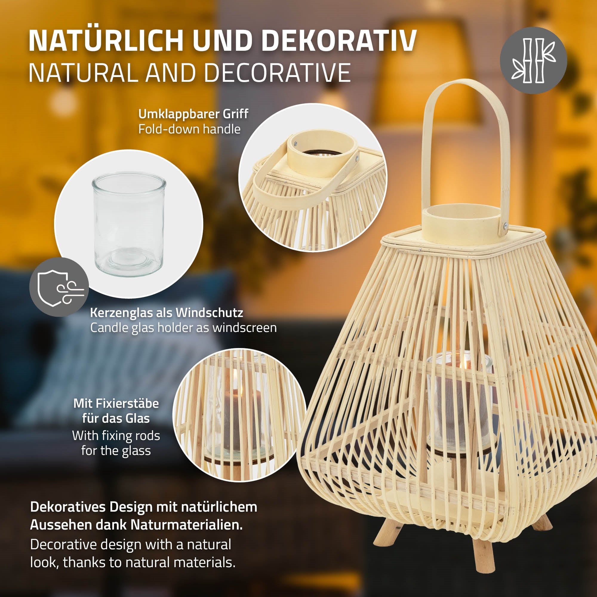 Graphic with description of a decorative candle holder made of bamboo.