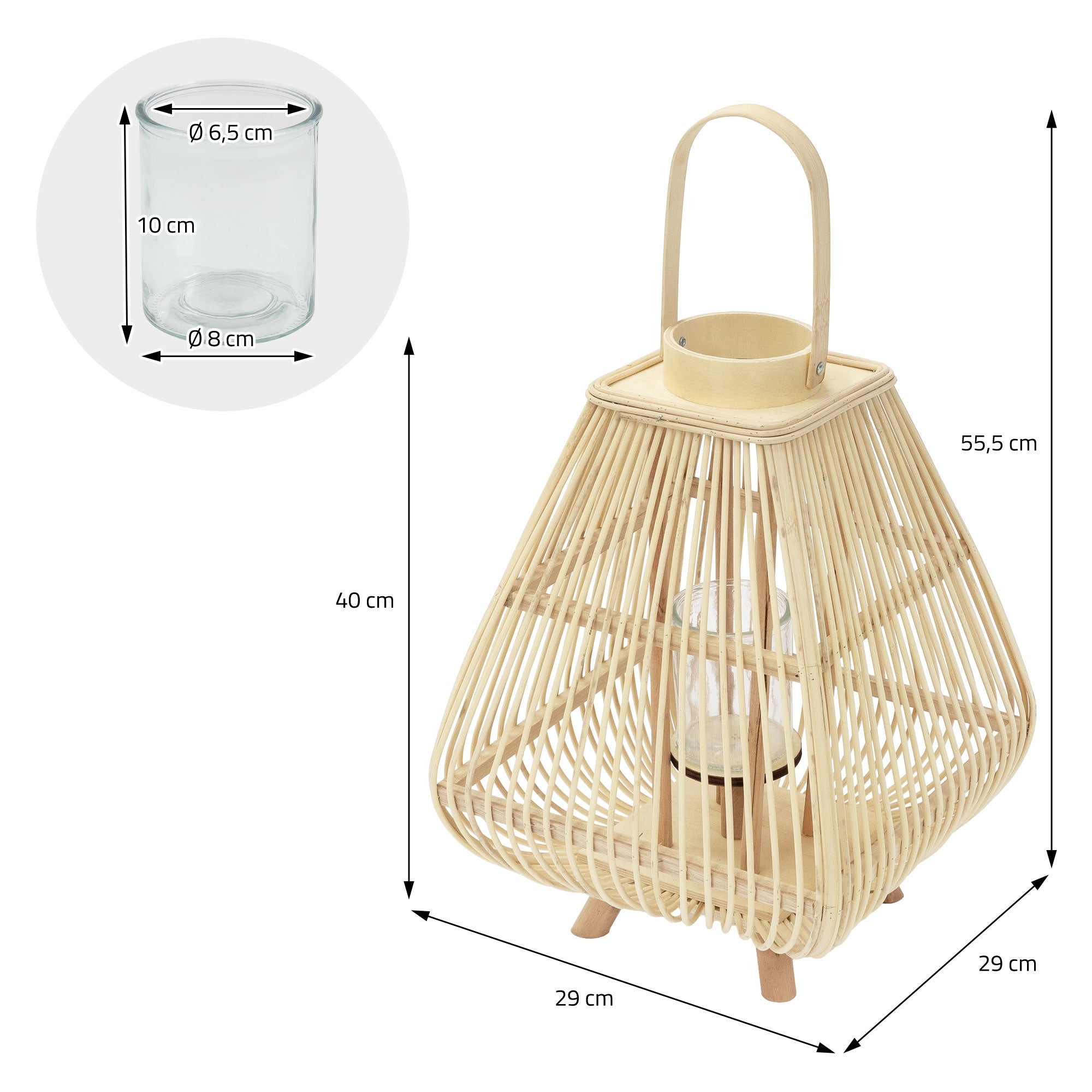 Bamboo lantern with measurements and glass container, 55.5 cm high, 29 cm in diameter.