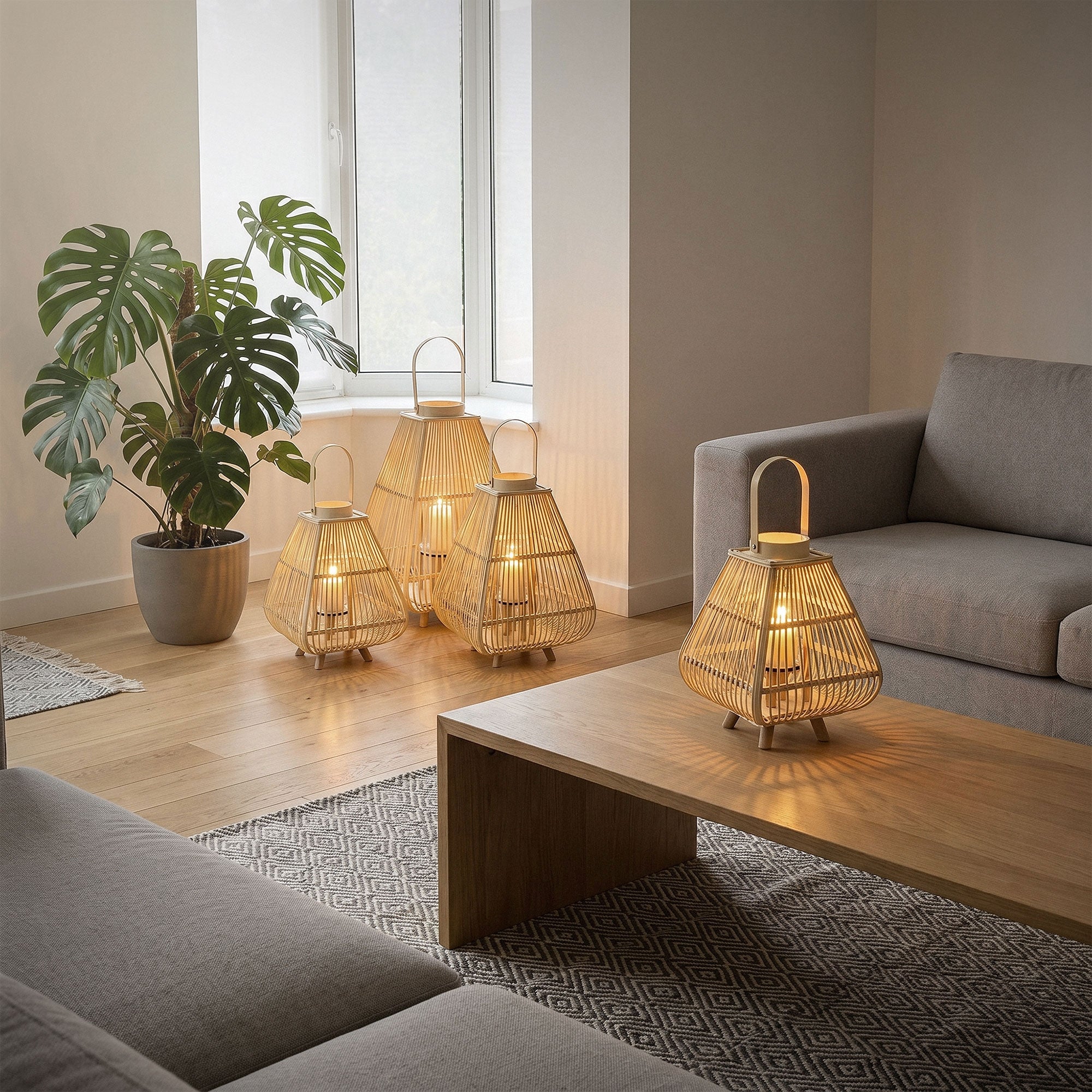Rattan lanterns in a modern living room next to a plant.