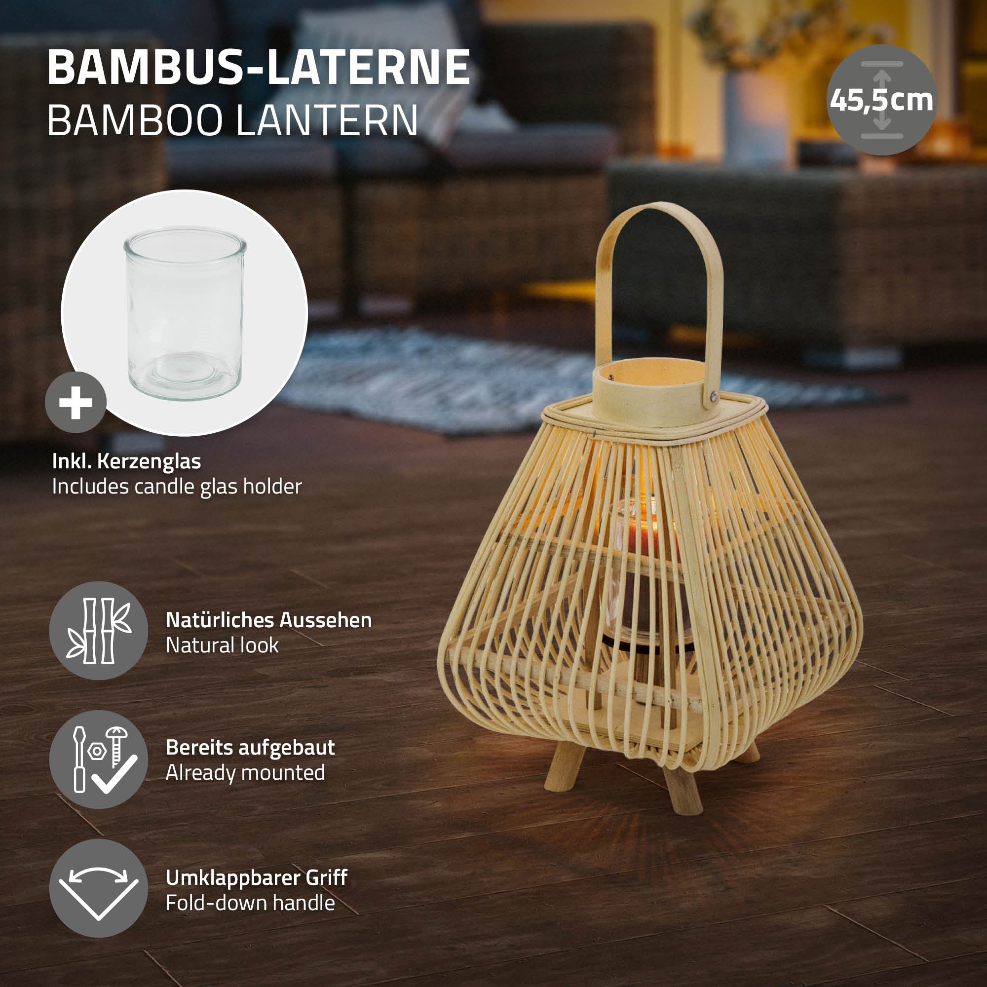 Bambus-Laterne in natürlichem Design, mit Kerzenglas, umklappbarem Griff und bereits aufgebaut.
