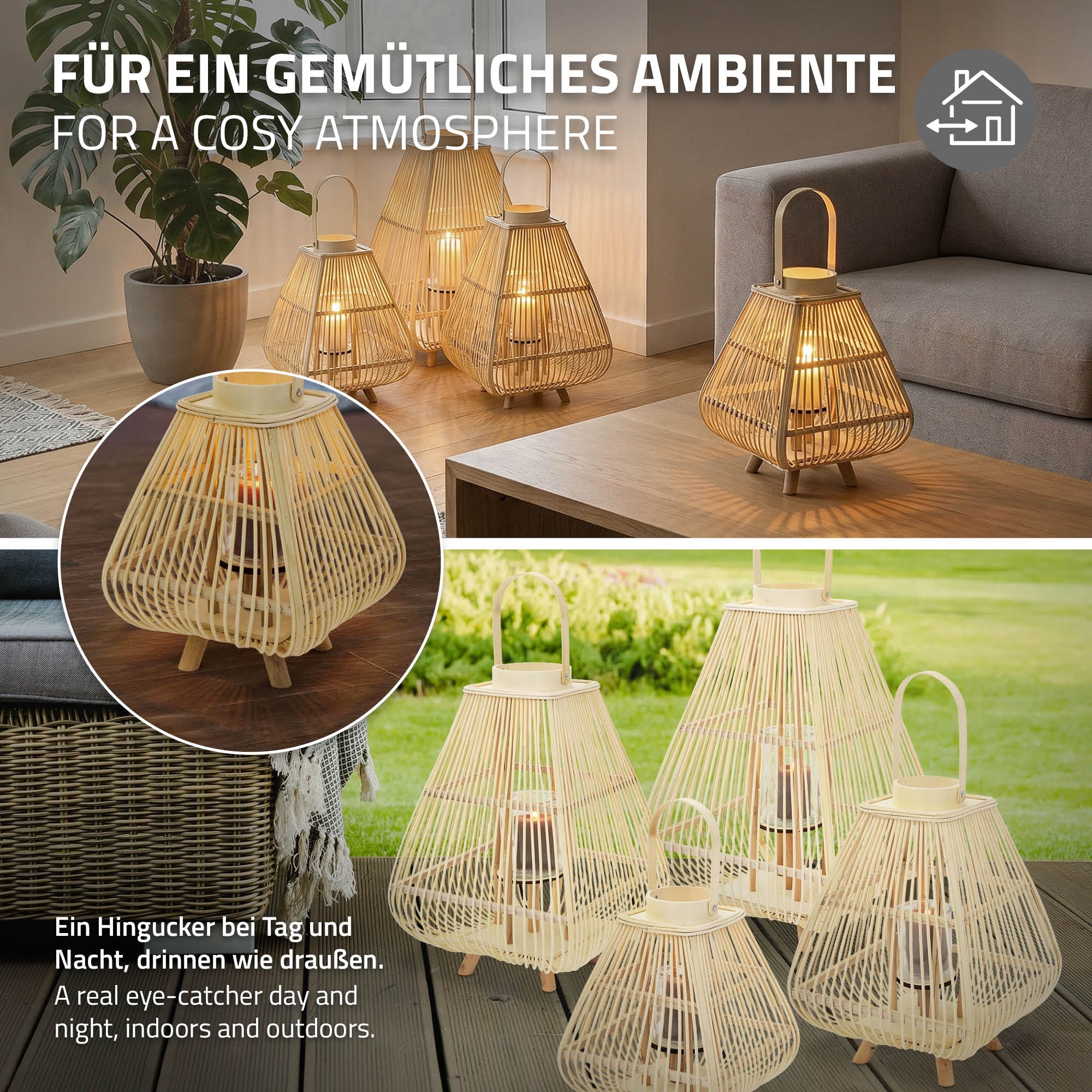 Several lanterns on a table creating a cozy atmosphere.