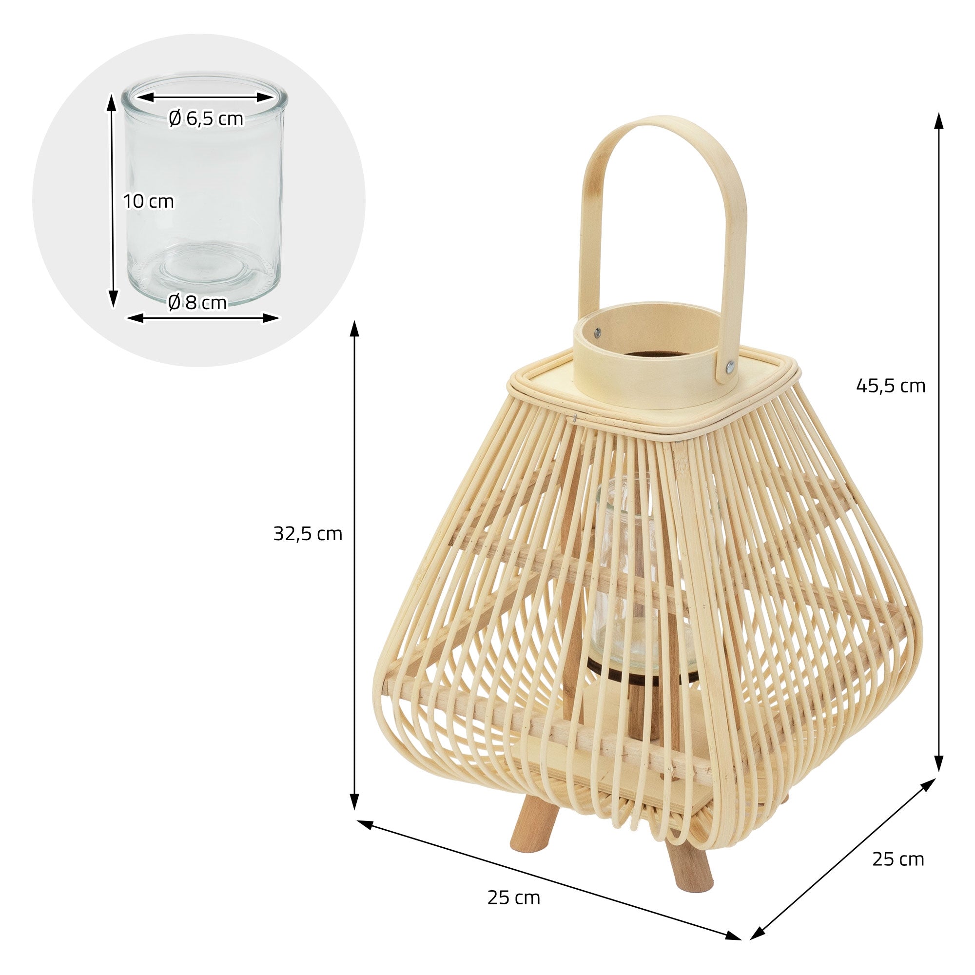 Bamboo lantern with measurements and glass container, 45.5 cm high, 25 cm in diameter.