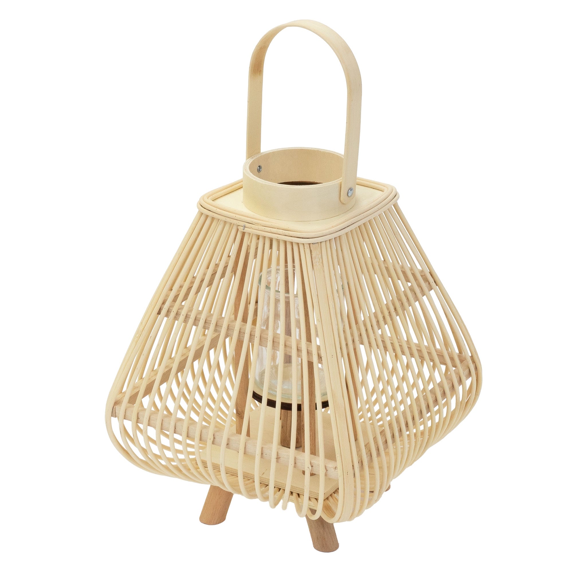 Bambuslaterne auf einem Tisch, mit Glasbehälter und Holzfüßen.