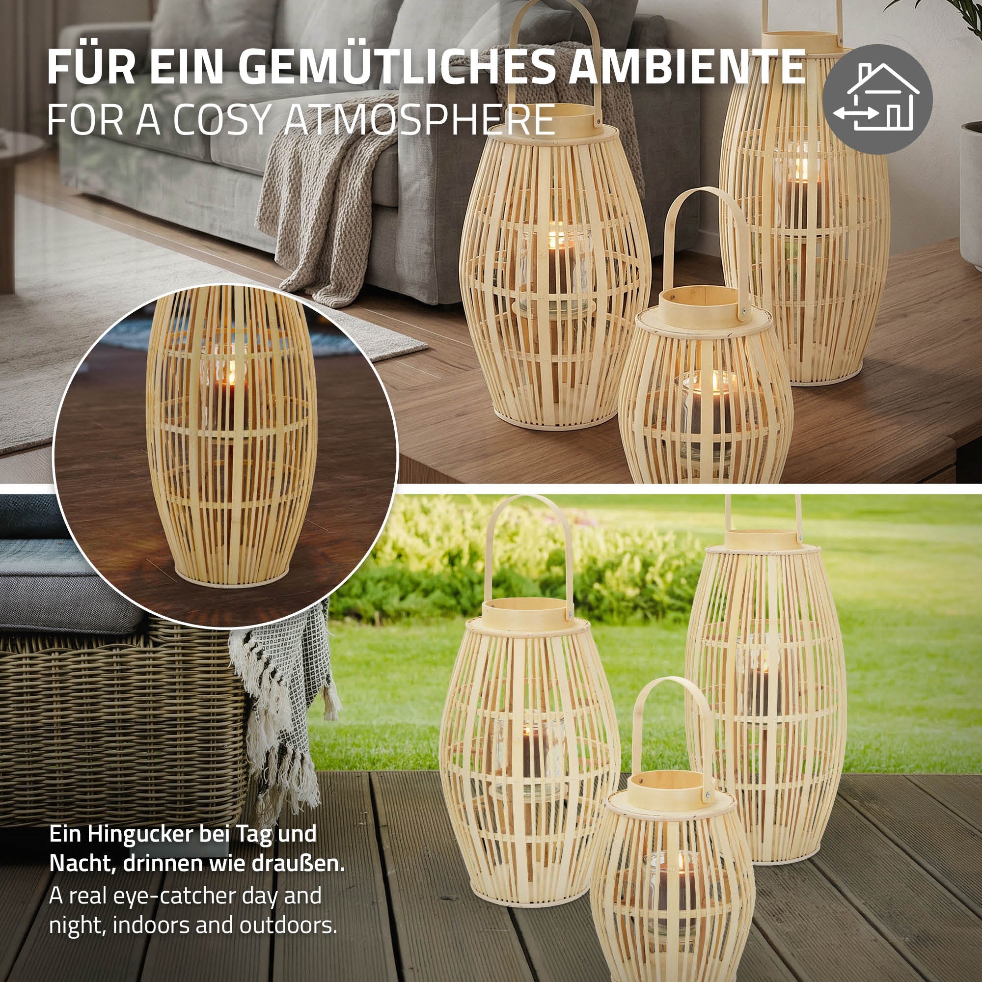 Více ratanových lamp v zahradě, které vytvářejí útulnou atmosféru.