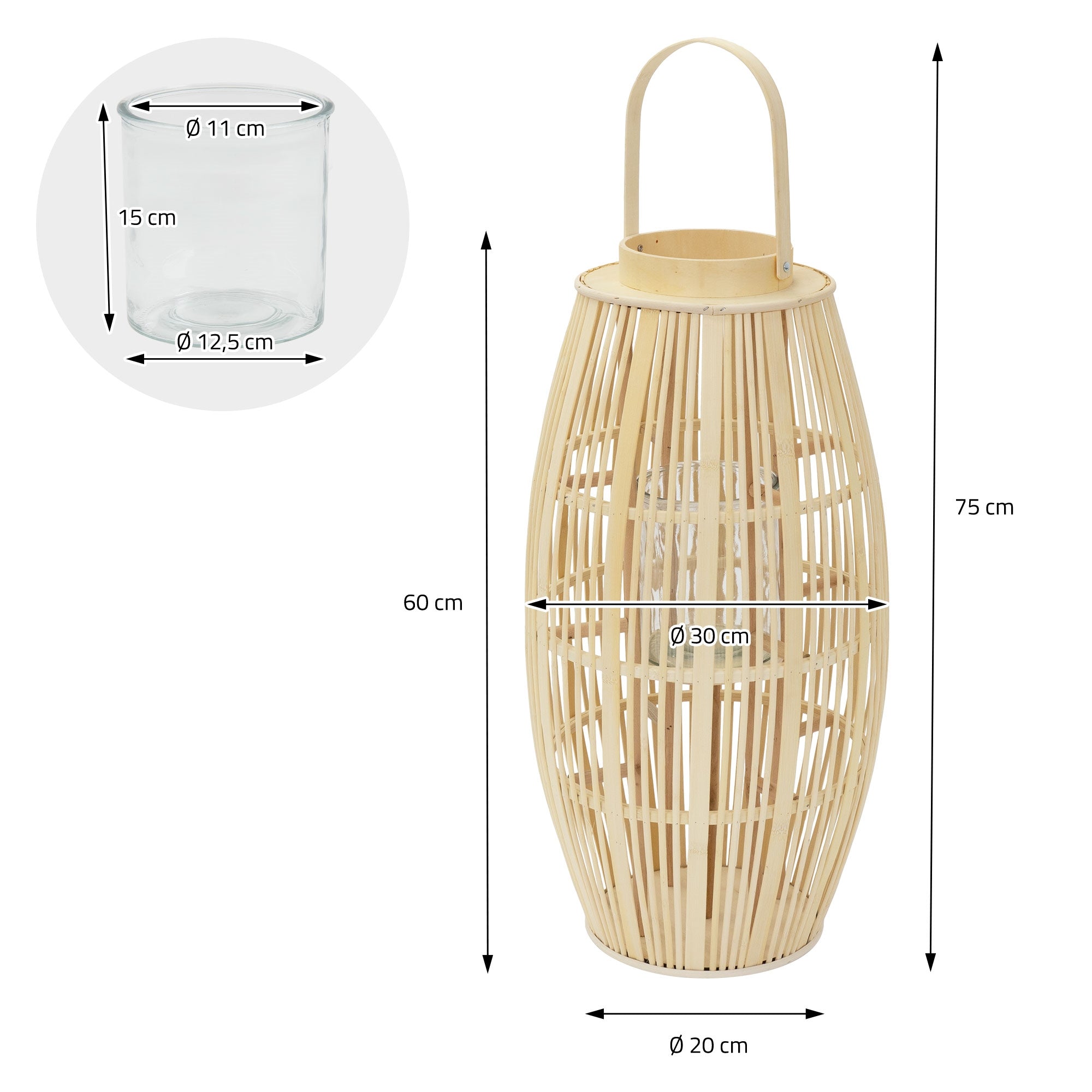 Bambusová lampa s rozměry: výška 75 cm, průměr 30 cm, skleněná nádoba 11 cm.