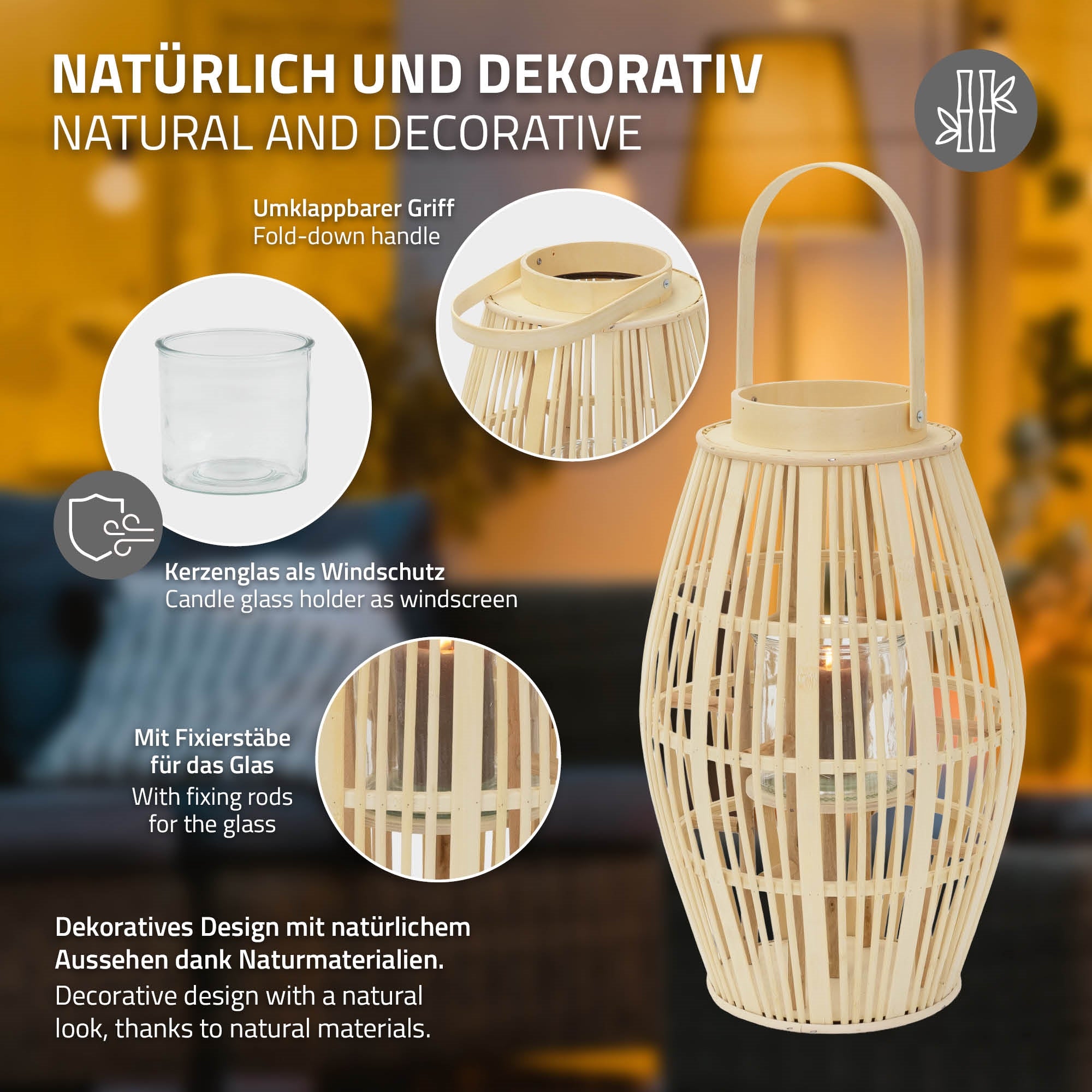 Detaljevisning af en bambuslanterne med vindbeskyttelse og dekorativt design.