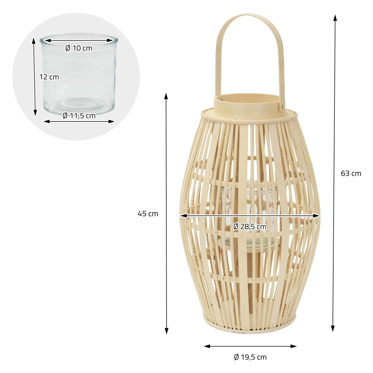 En stor lanterne lavet af rattan med glasbeholder, mål og diameter angivet.