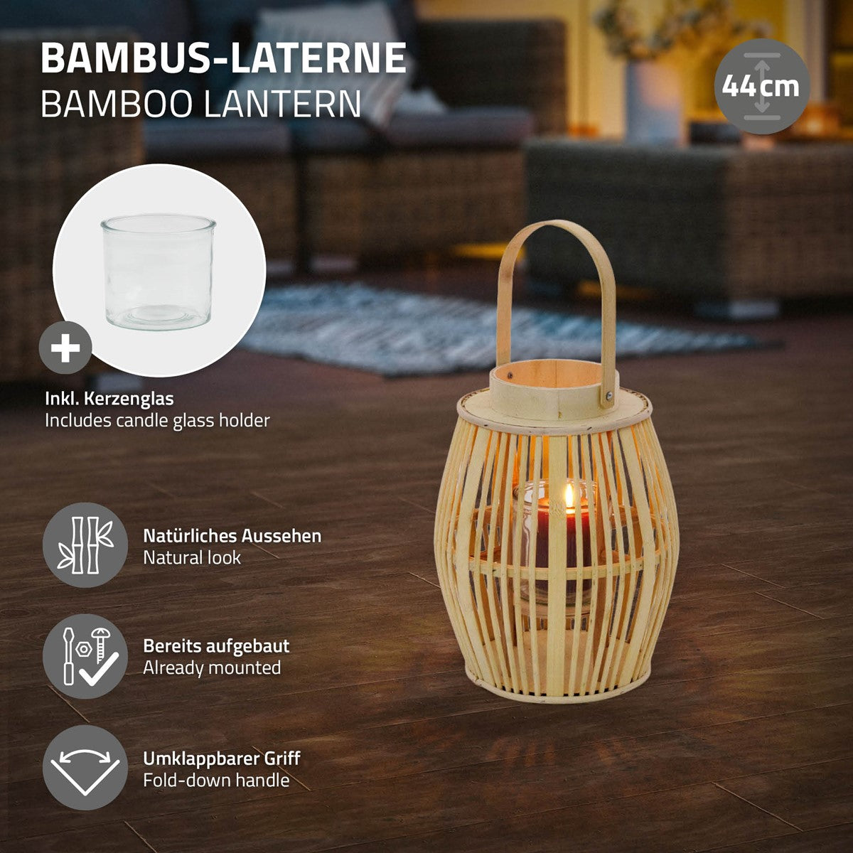 Bamboo lantern with a candle jar, natural appearance and fold-down handle.