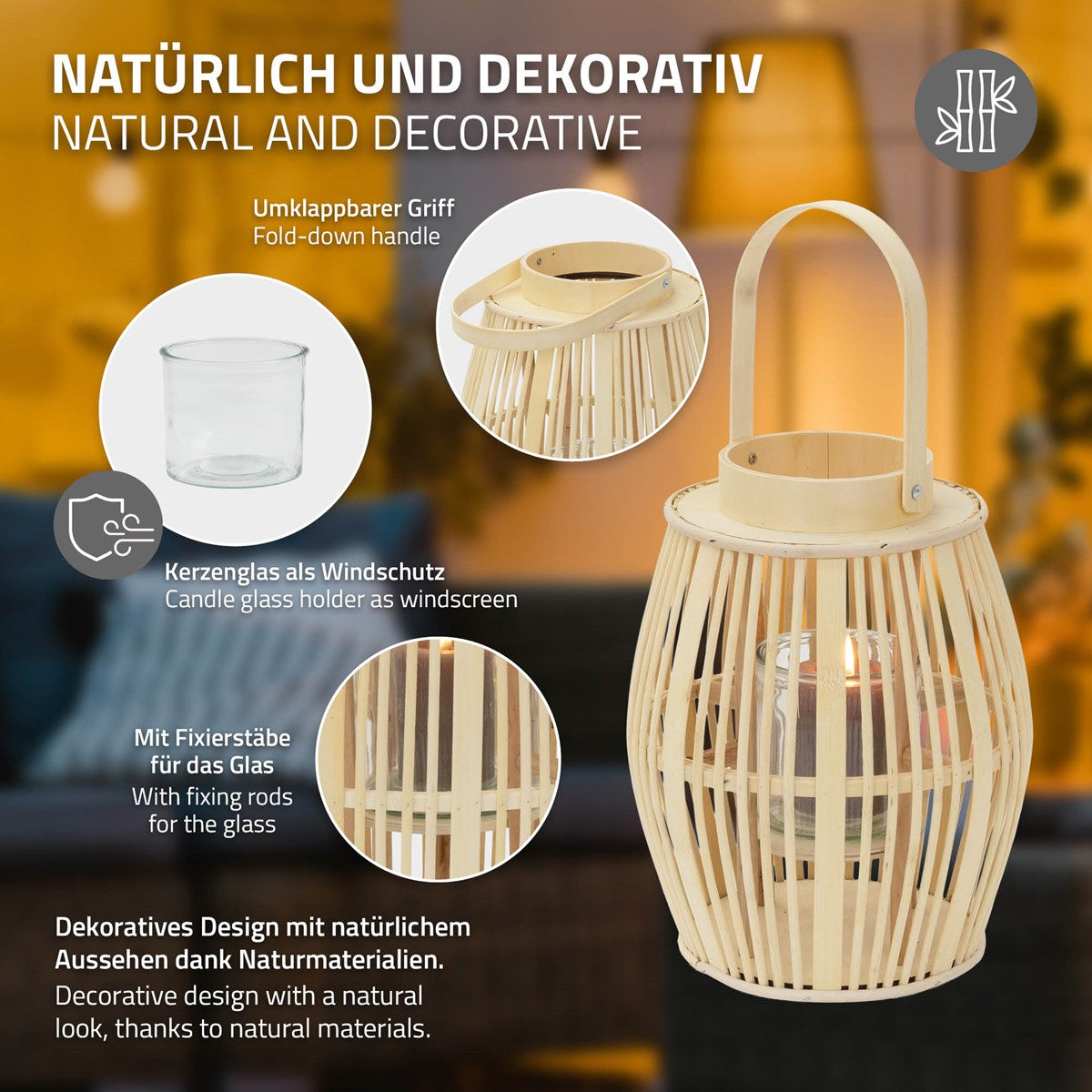 Bamboo lantern with a glass wind guard and a foldable handle.