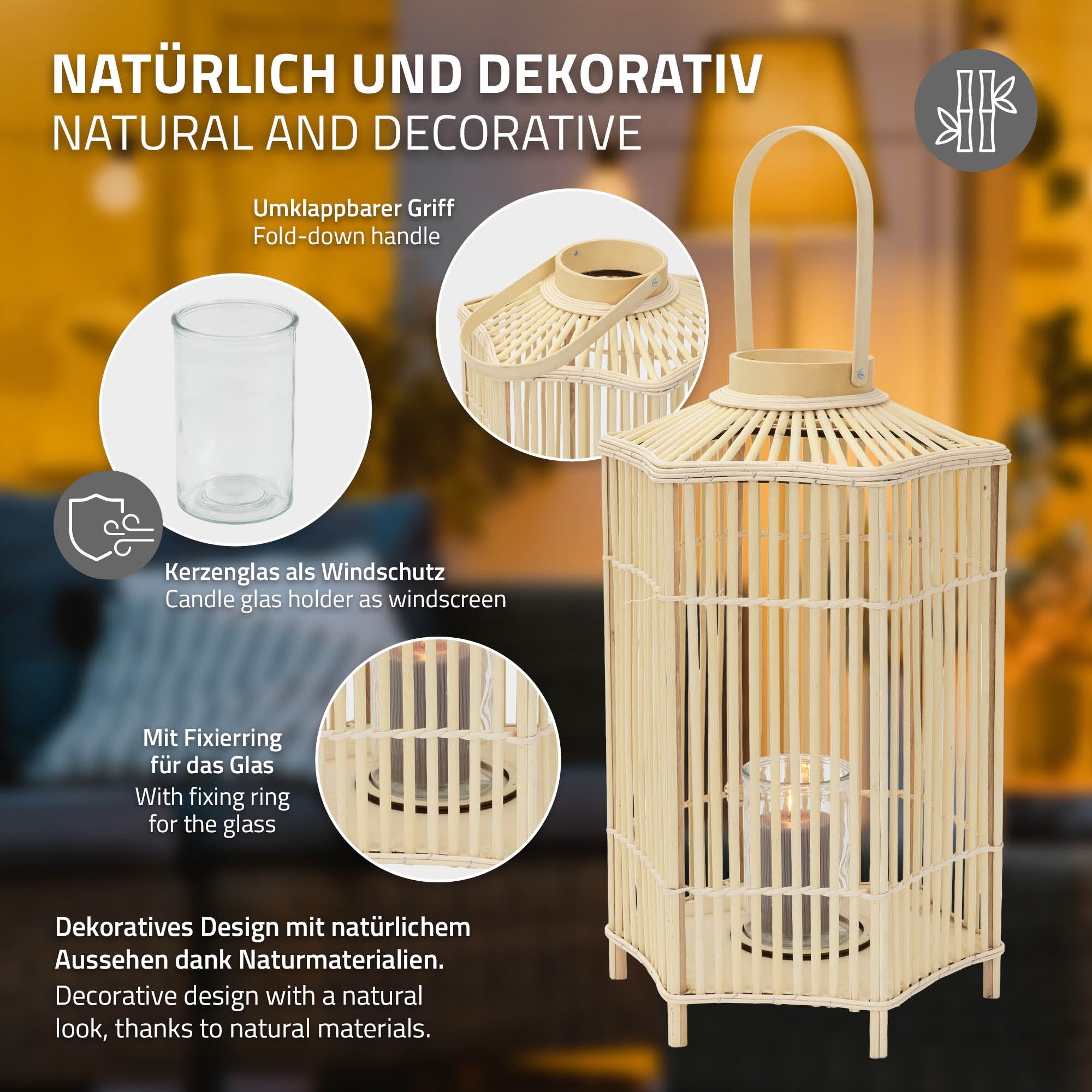 Dekorative Laterne aus Bambus mit Kerzenglas und umklappbarem Griff.