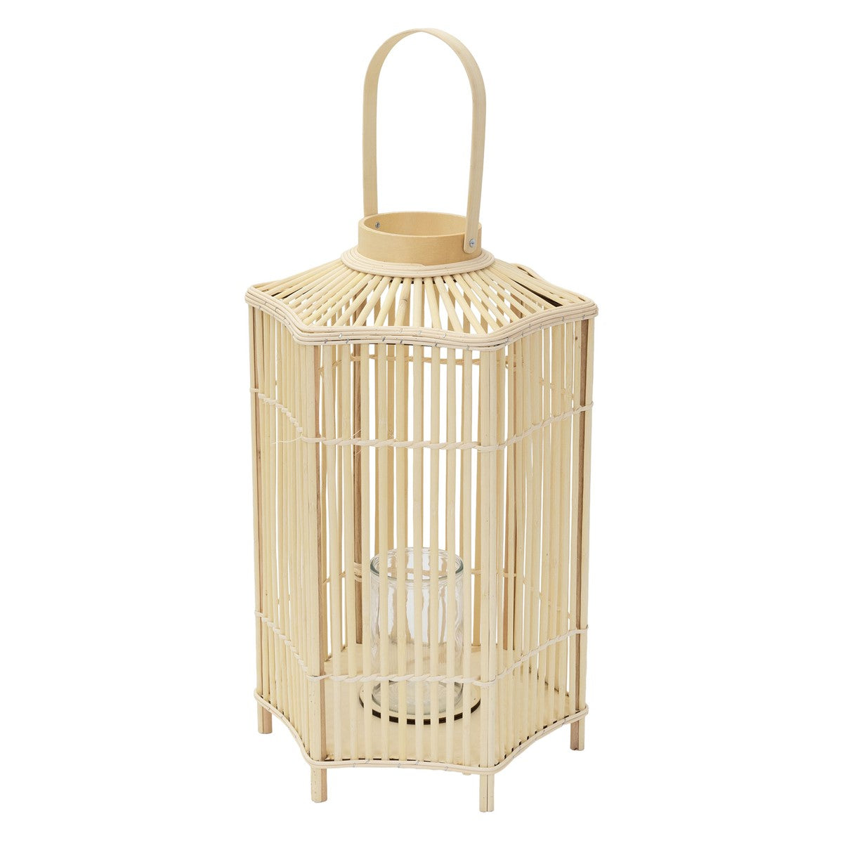A round rattan lantern with a glass container for a candle.