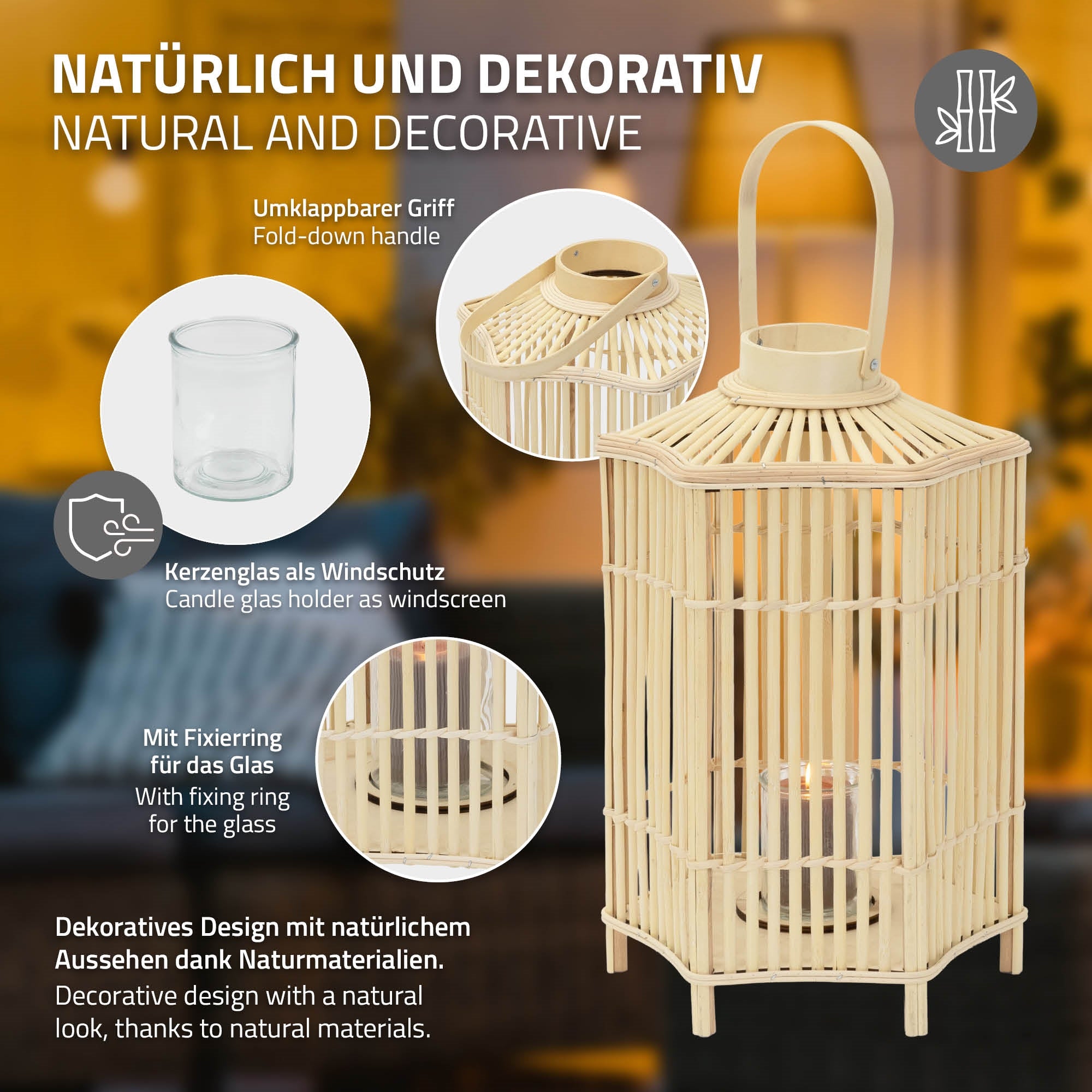 Dekorative Bambuslaterne mit Kerzenglas und umklappbarem Griff.