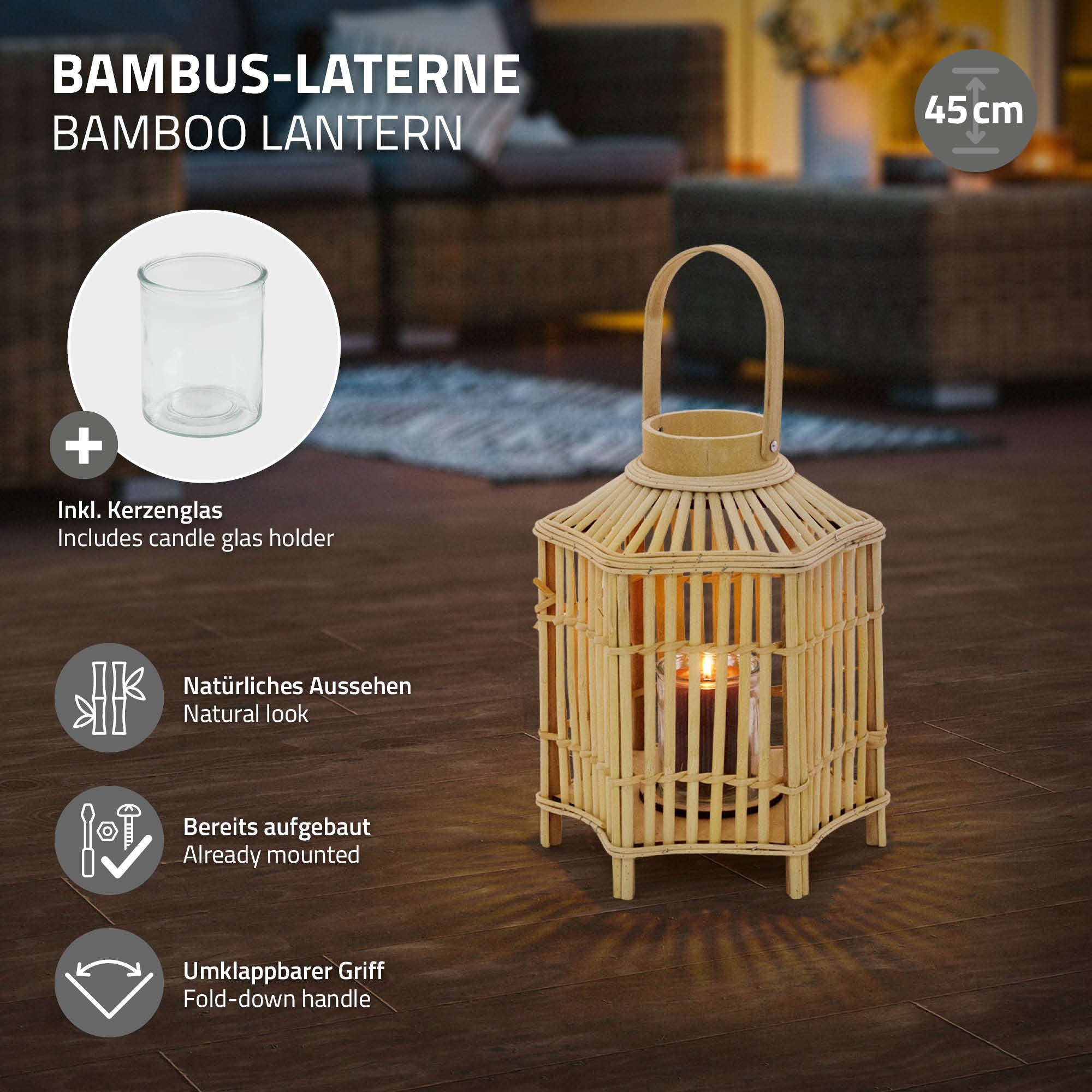 Bambus-Laterne mit Glasbehälter, auf einem dunklen Boden.