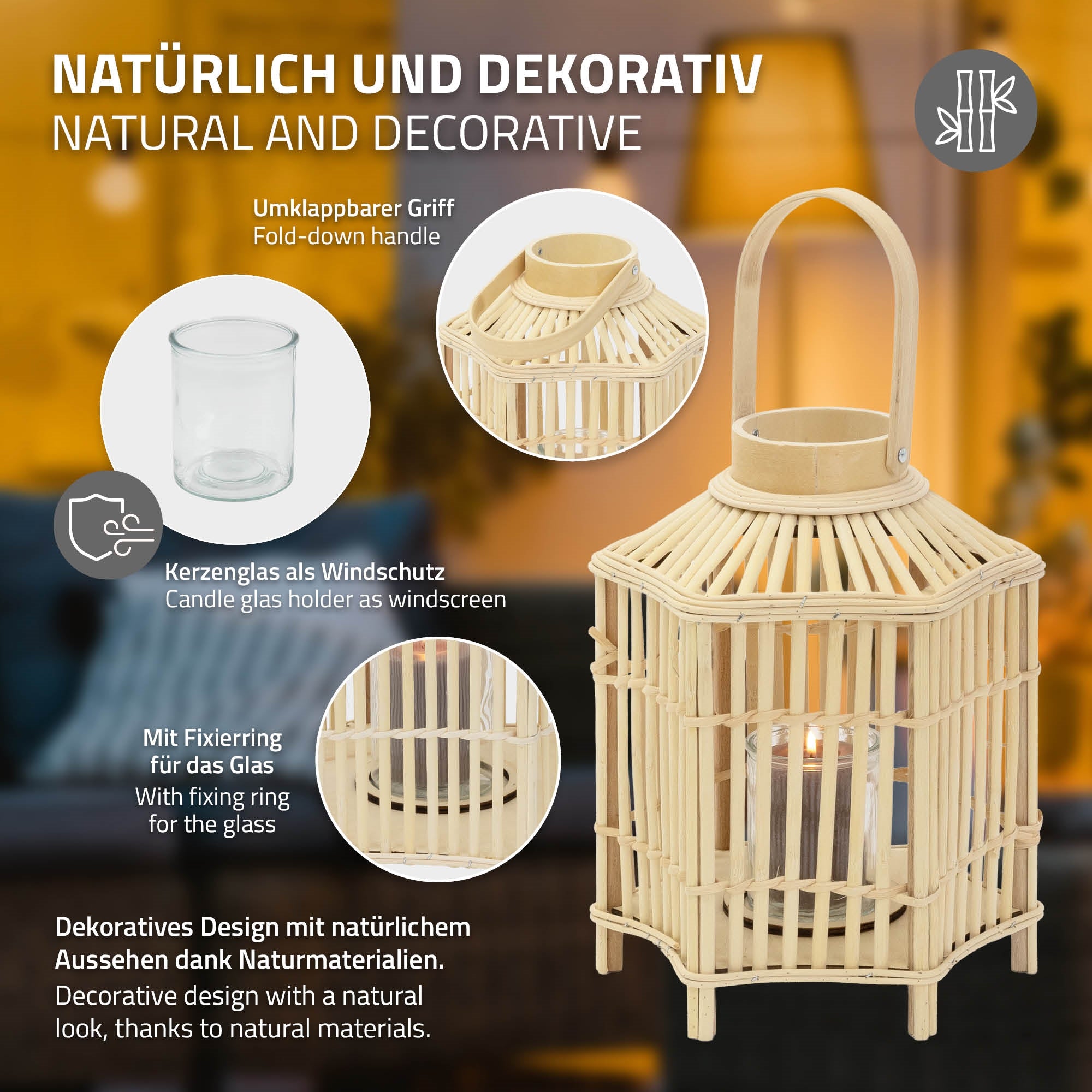 Laterne aus Rattan mit Glas und klappbarem Griff.