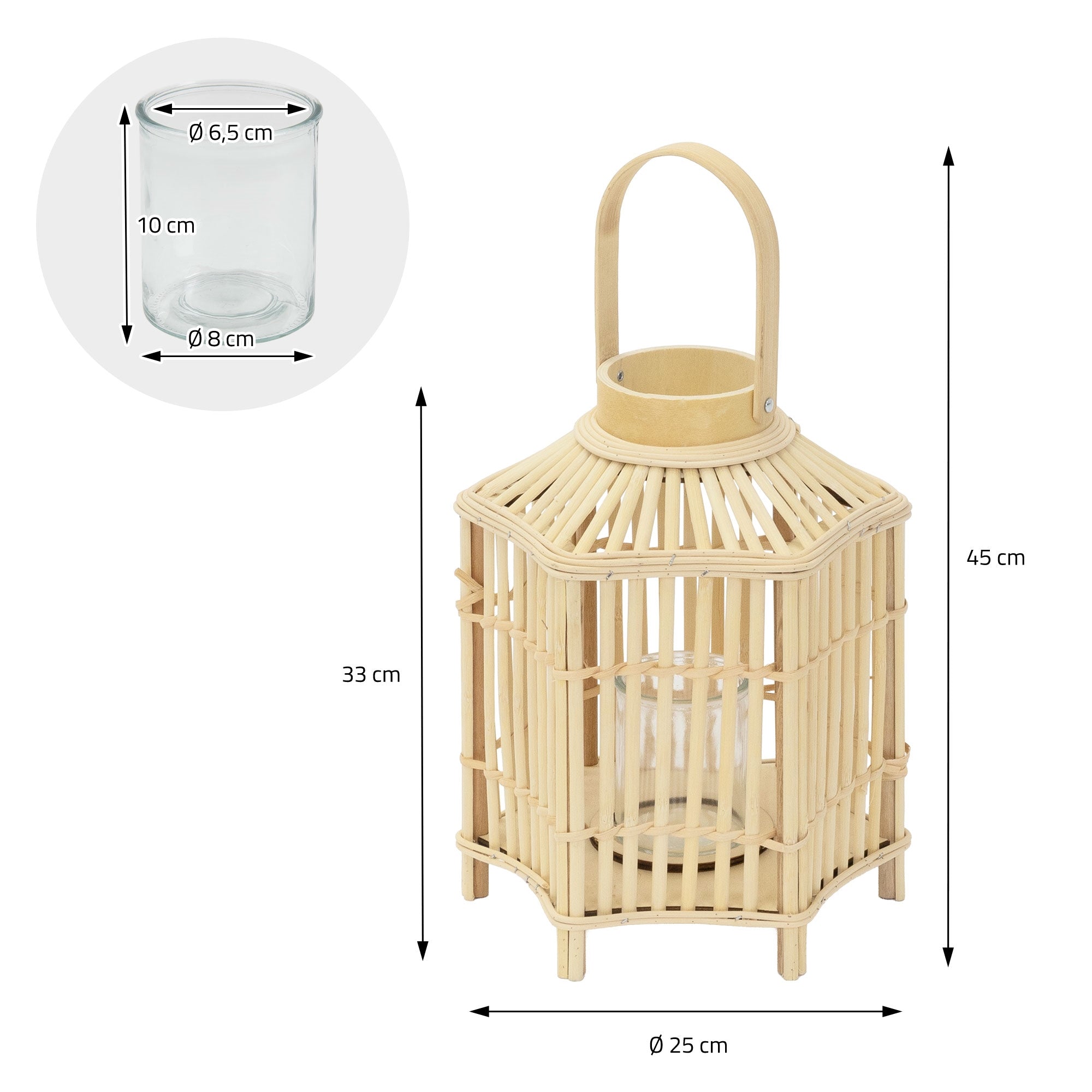 Laterne aus Rattan mit Glasbehälter, Maße sind angegeben.