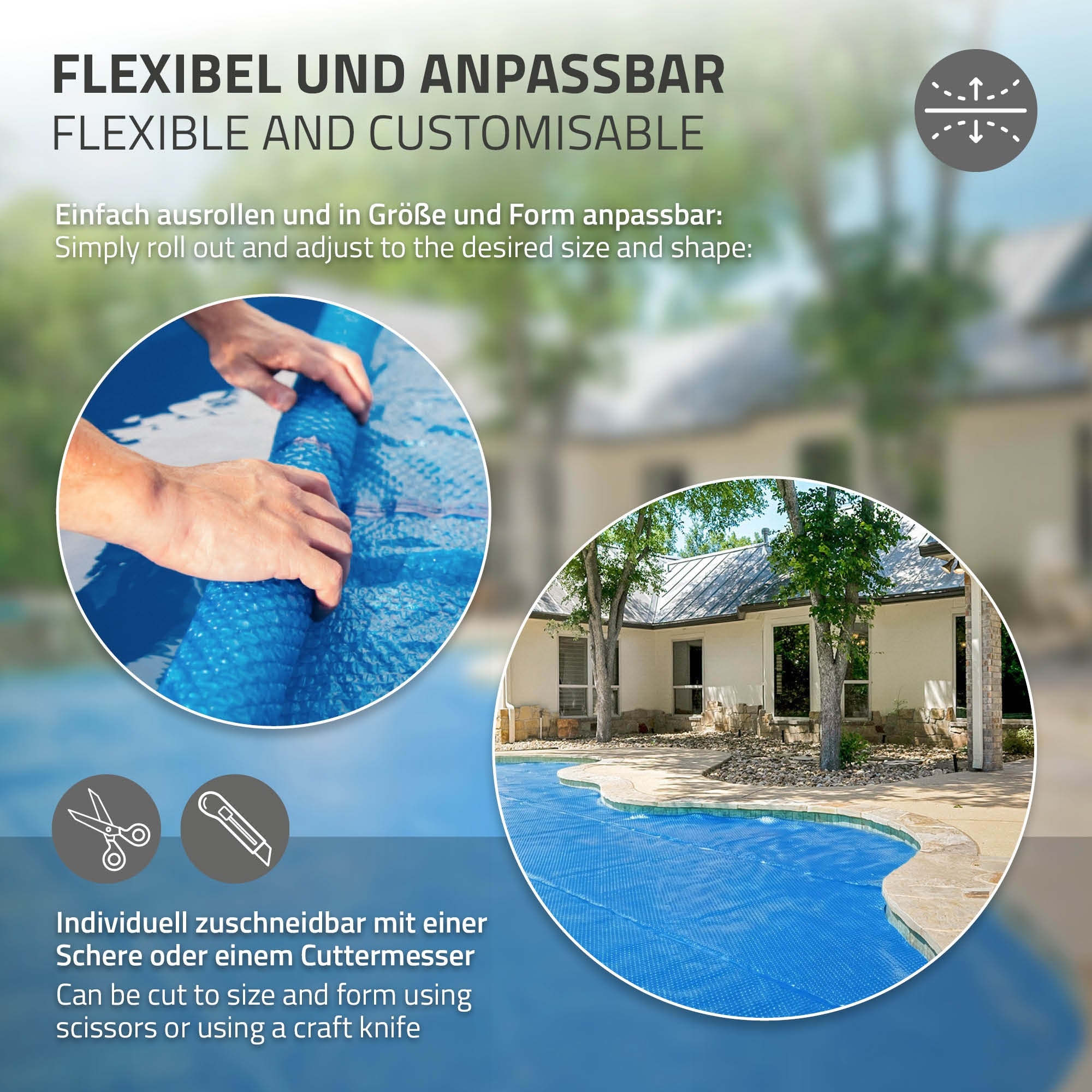 Grafik mit Poolabdeckung, Schere und Cutter auf einem blauen Pool.