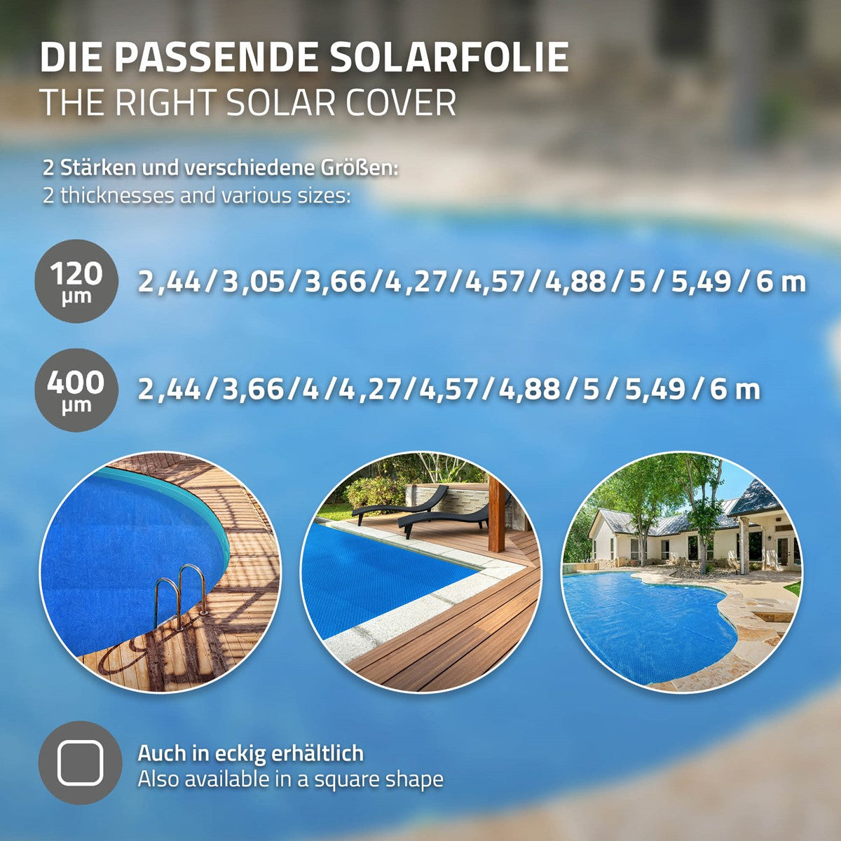 Graphique présentant différentes tailles et épaisseurs de bâches solaires pour piscines.