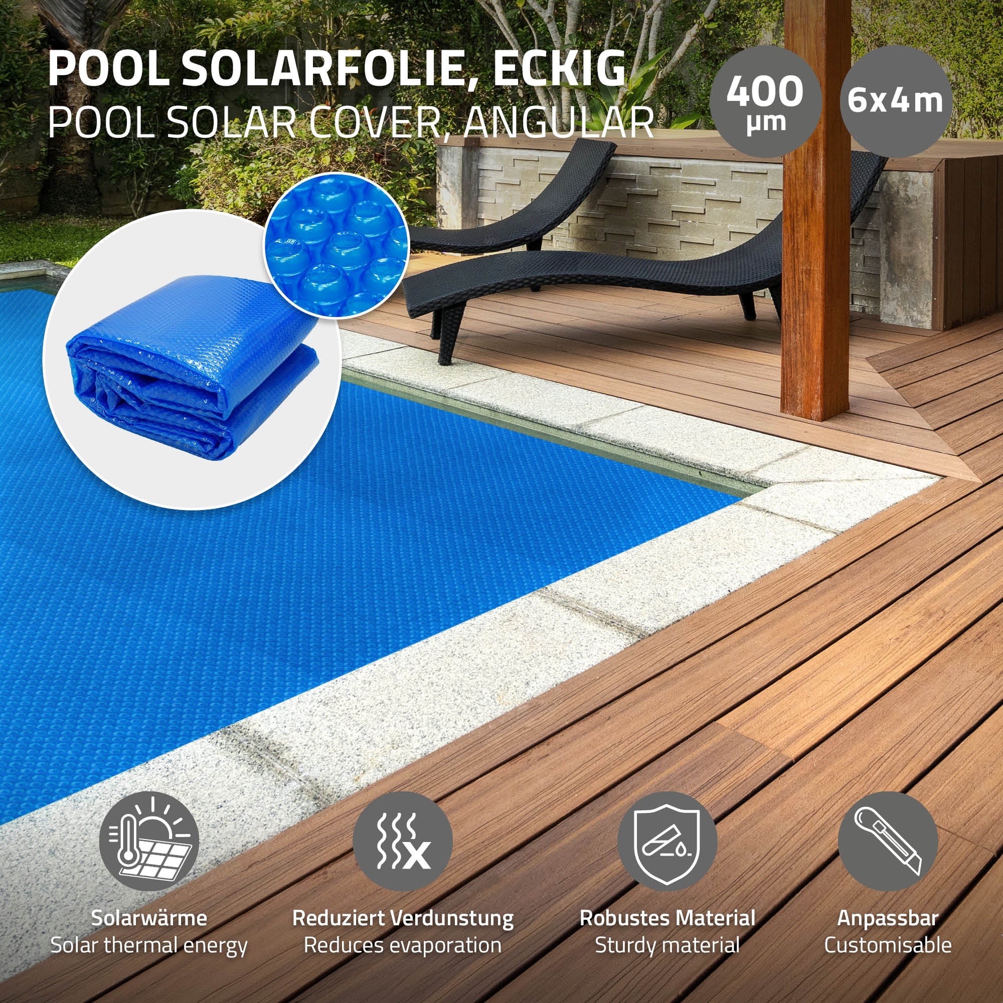 Blaue Solarfolie auf Holzterrasse, mit Informationen zu Eigenschaften.