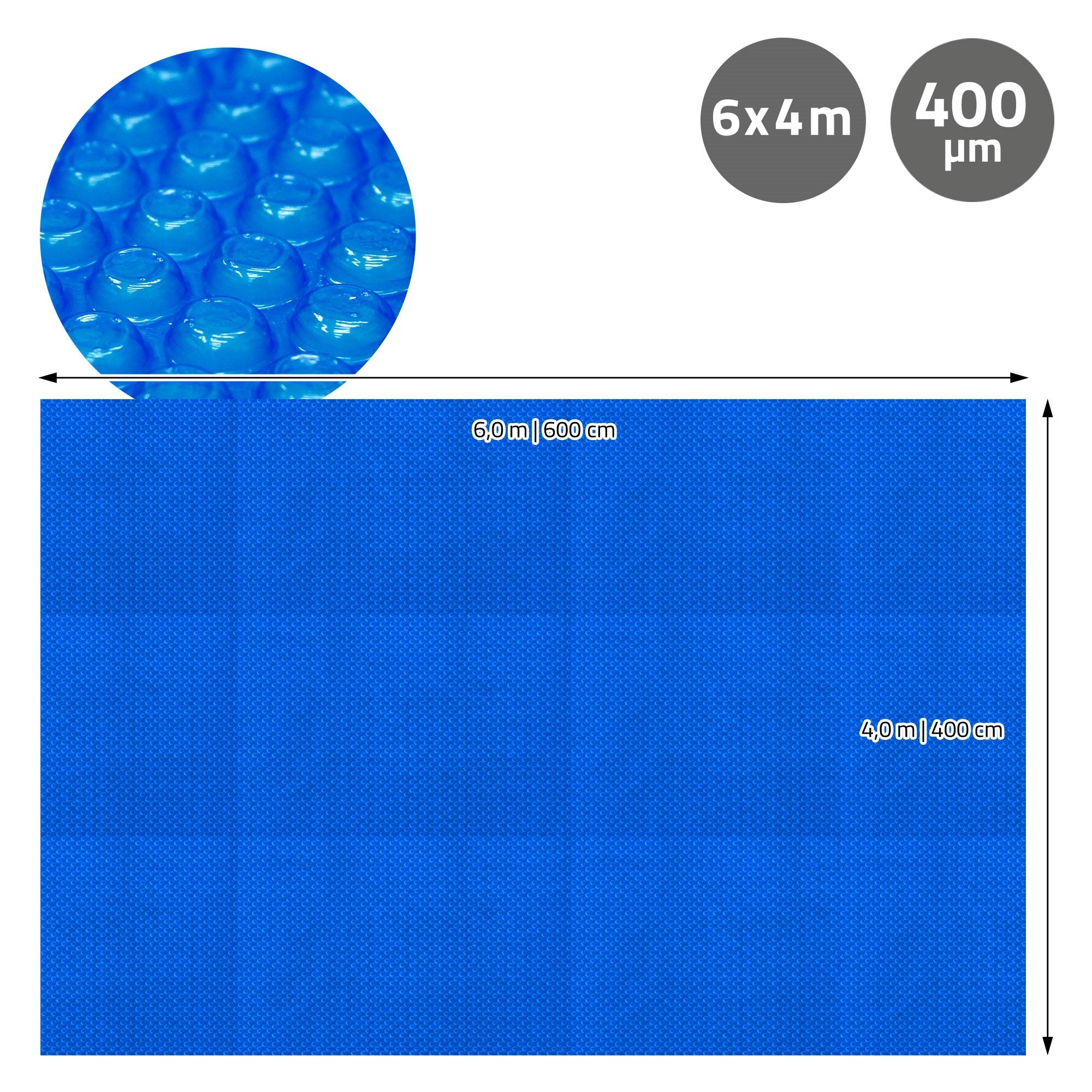 Blaue Plane mit Maßen 6x4m und 400 µm Dicke.
