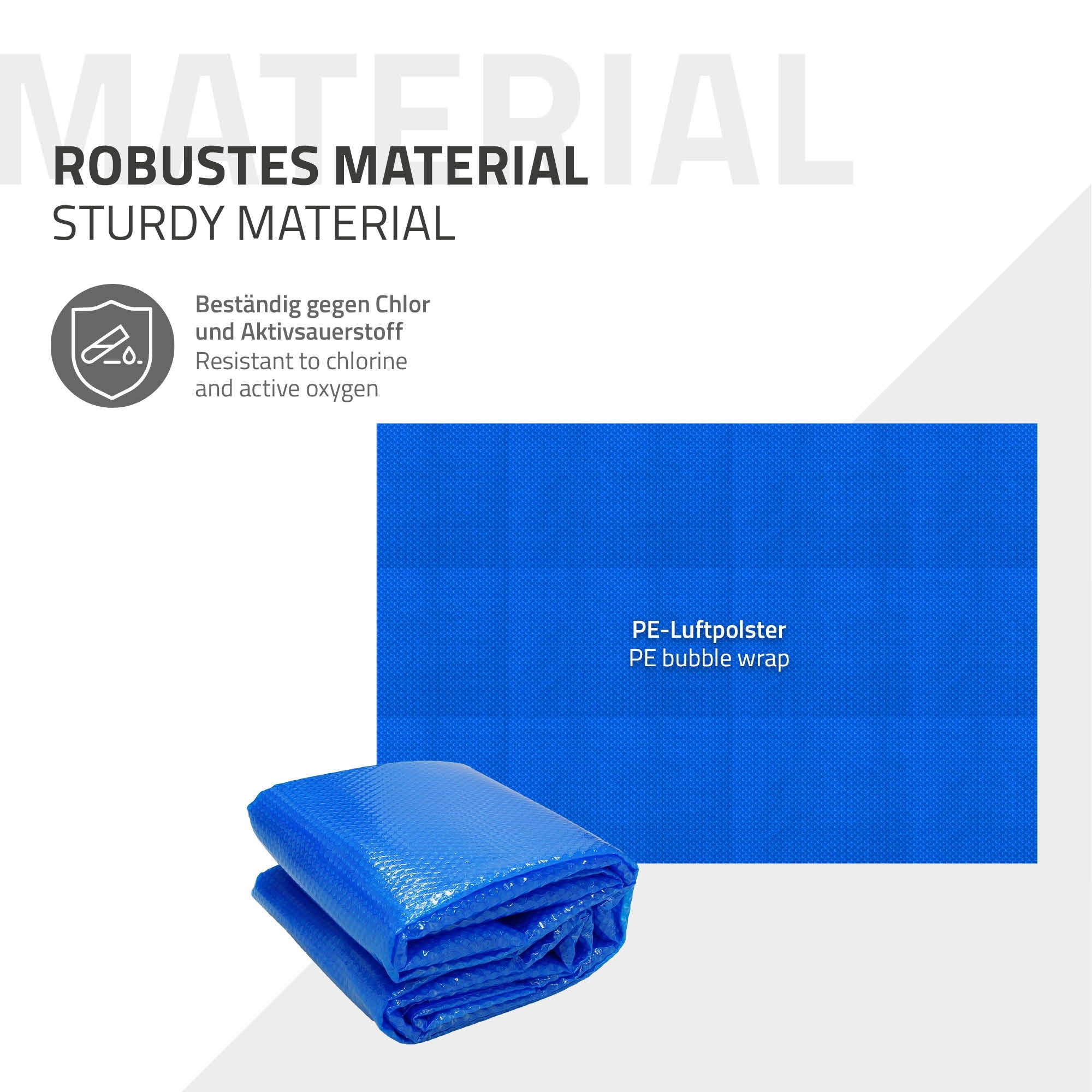 Blaues, robustes Material mit PE-Luftpolster und Text über Widerstandsfähigkeit.