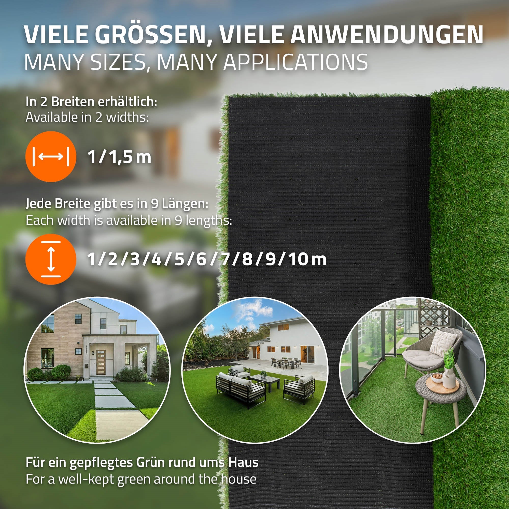 Grafik med forskellige størrelser af kunstgræs og anvendelseseeksempler.