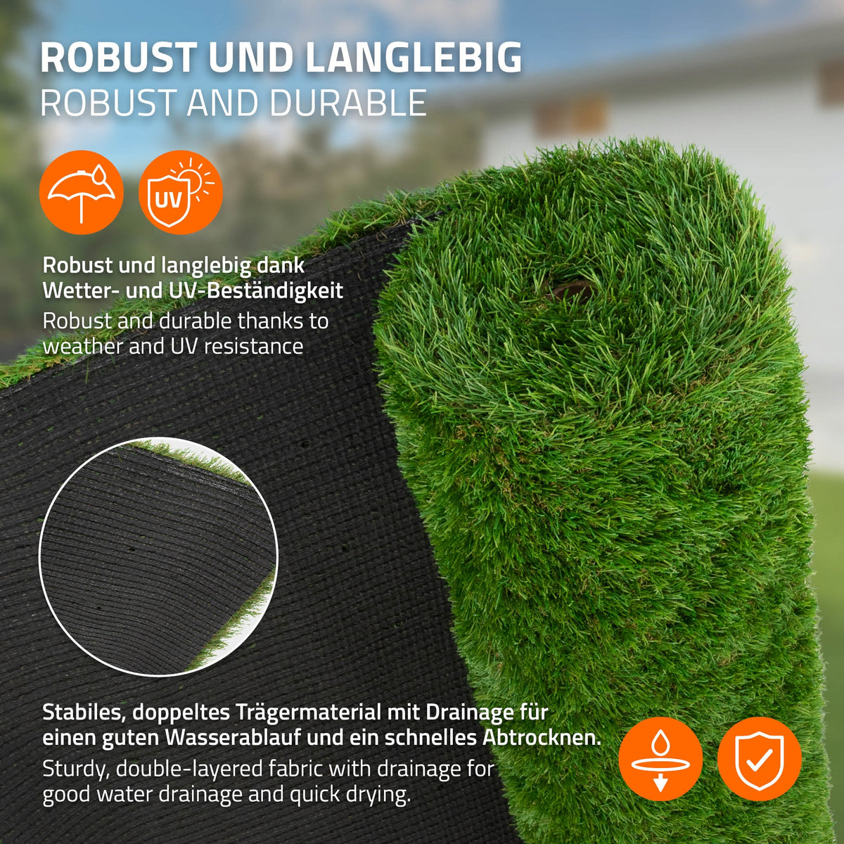 Nahaufnahme einer Rasenrolle mit Text über Robustheit und Langlebigkeit.