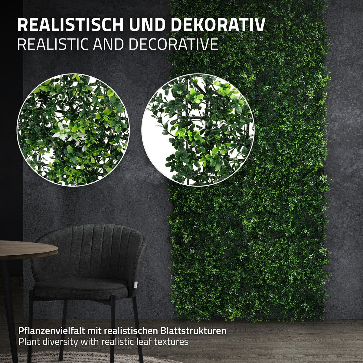 Nahaufnahme von Pflanzen mit verschiedenen Blattstrukturen an einer Wand.