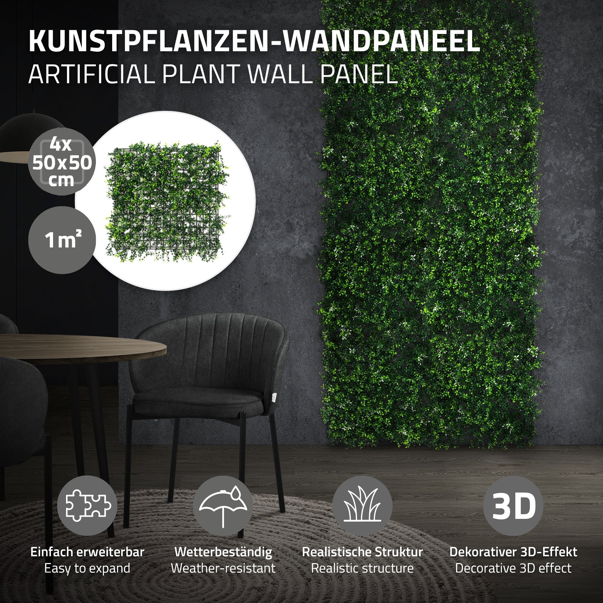 Kunstpflanzen-Wandpaneel mit kleinen Pflanzen, Stuhl im Vordergrund.