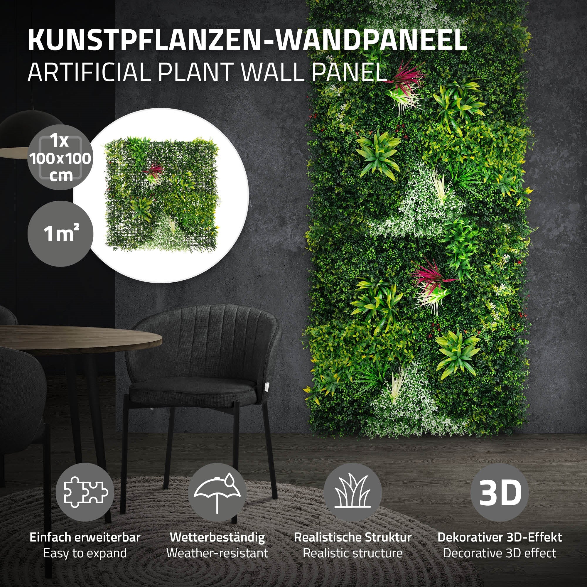 Panel s umělými rostlinami s zelenými rostlinami a dekorativní 3D strukturou.
