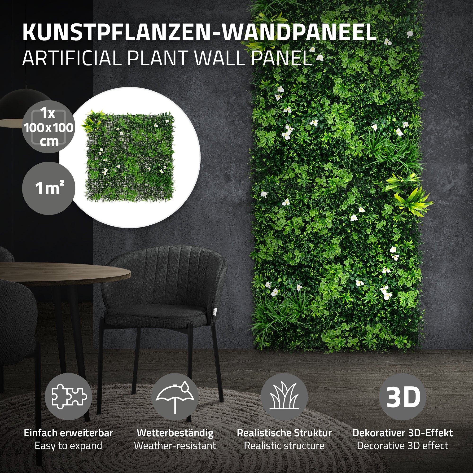 Kunstplante-vægpanel med grønne planter på en væg, stol i forgrunden.