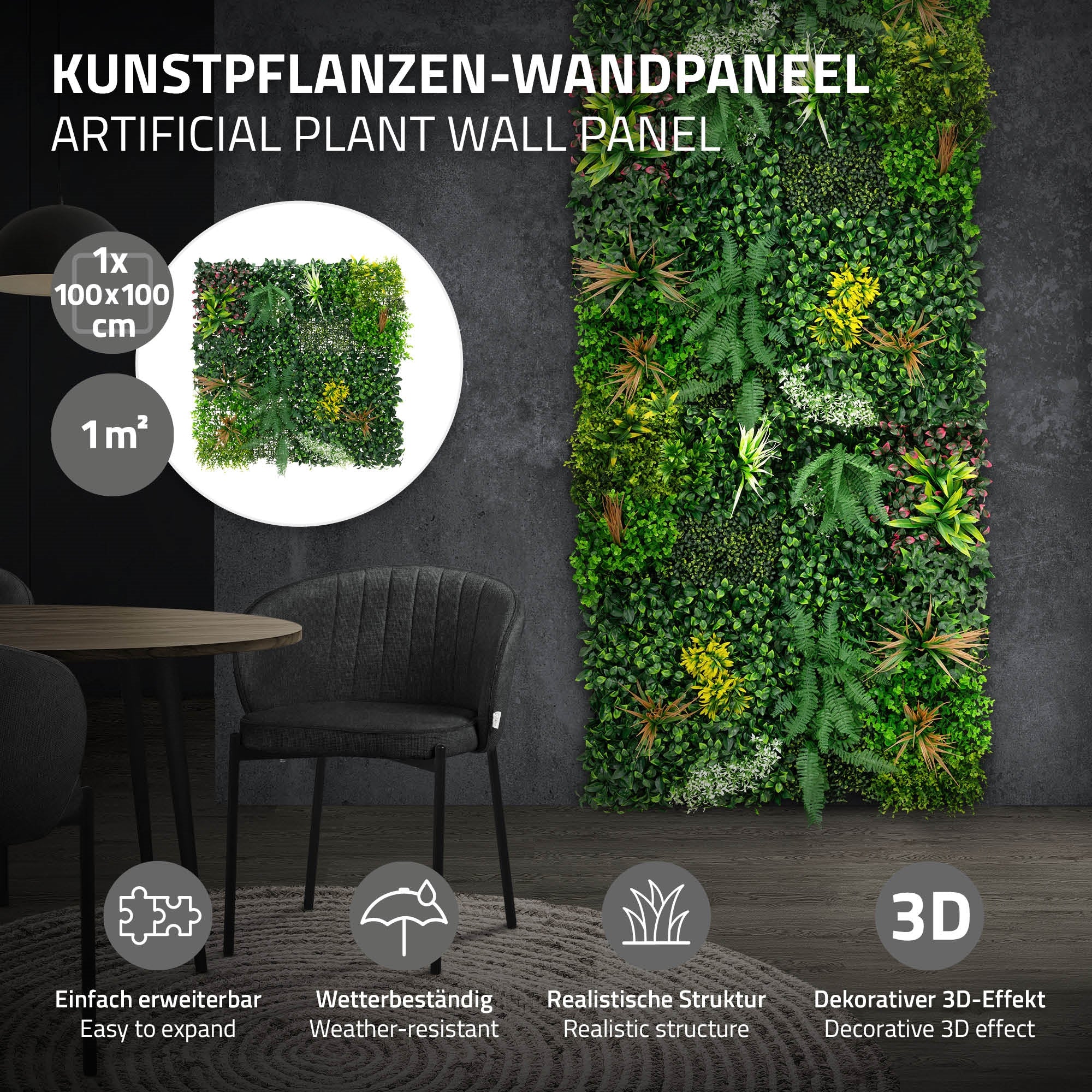 Kunstplante-vægpanel med forskellige grønne planter, monteret på en væg.